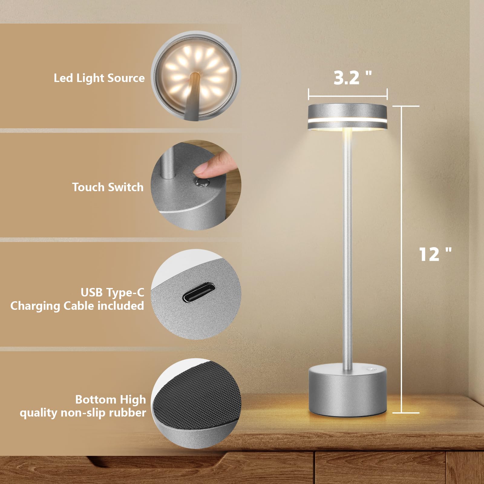 Gkeiten LED Cordless Table Lamp, Rechargeable 5000mAh, 3 Color Dimmable, Silver, Model 3