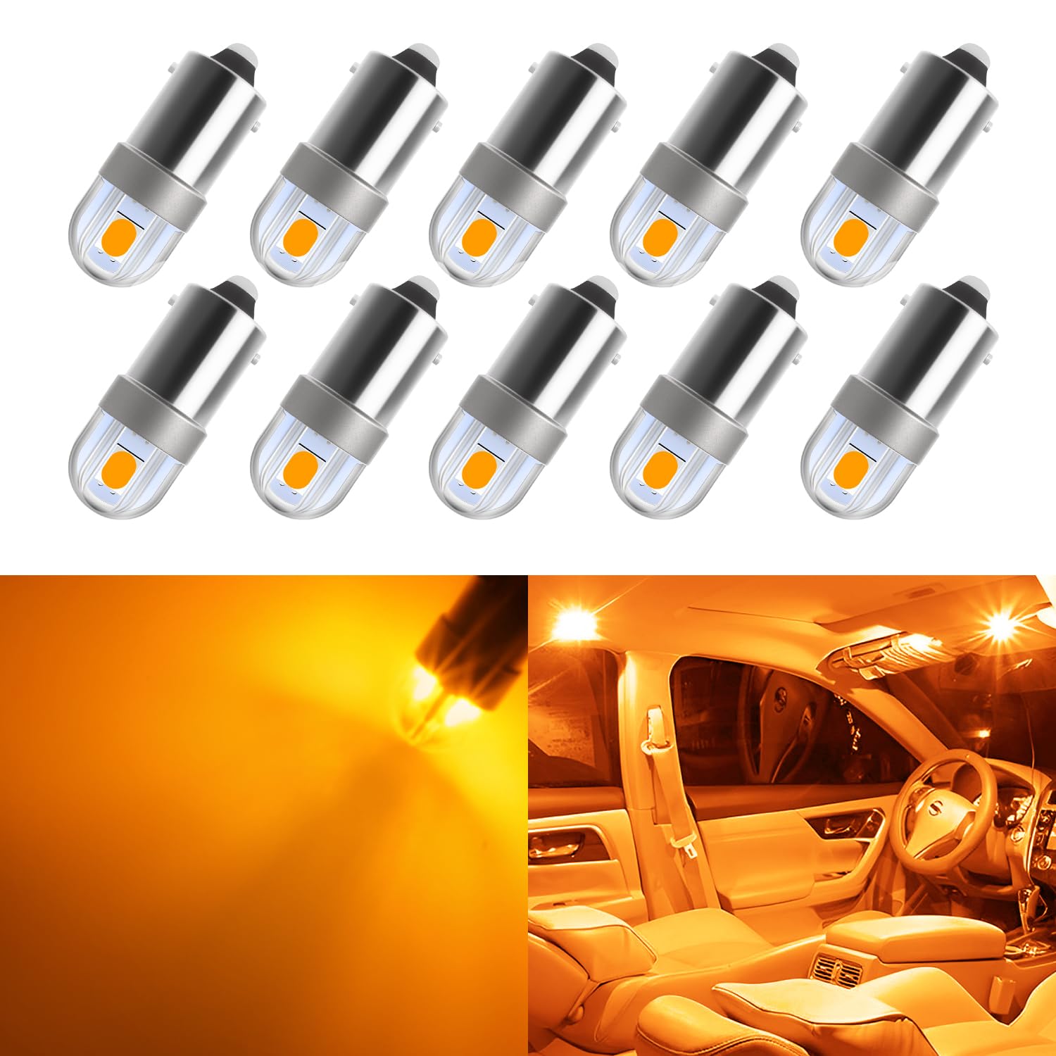 AUXLIGHT BA9S LED Bulb, 3030-SMD, Amber Yellow, Pack of 10, Model AUX-BA9S-2SMD-10A, Error Free for