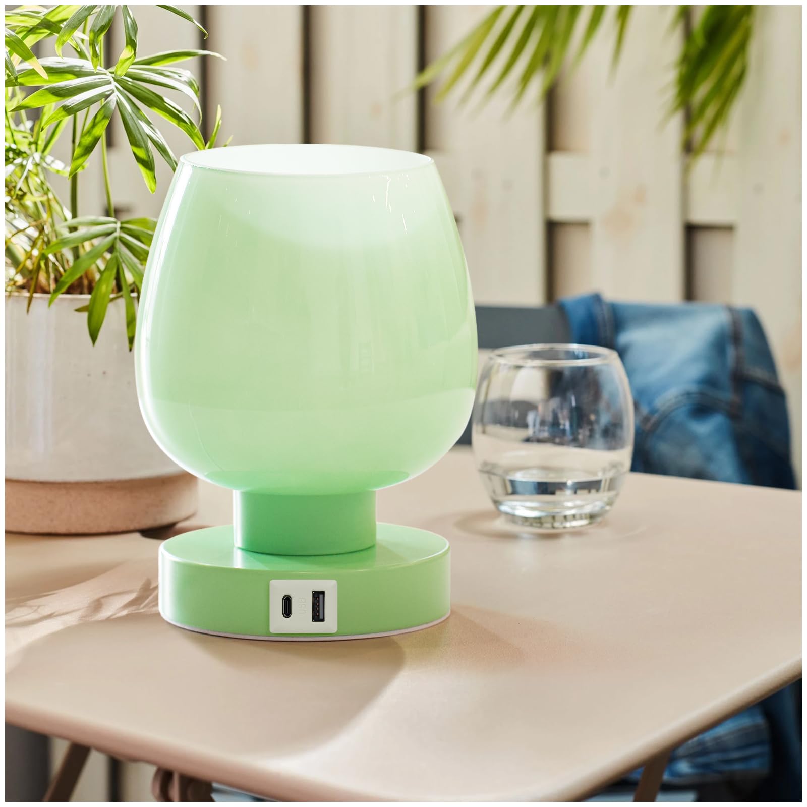 Touch Bedside Table Lamp with USB Charging - Modern Green Small Lamp for Bedroom Living Room Nightstand, Desk lamp with Glass La