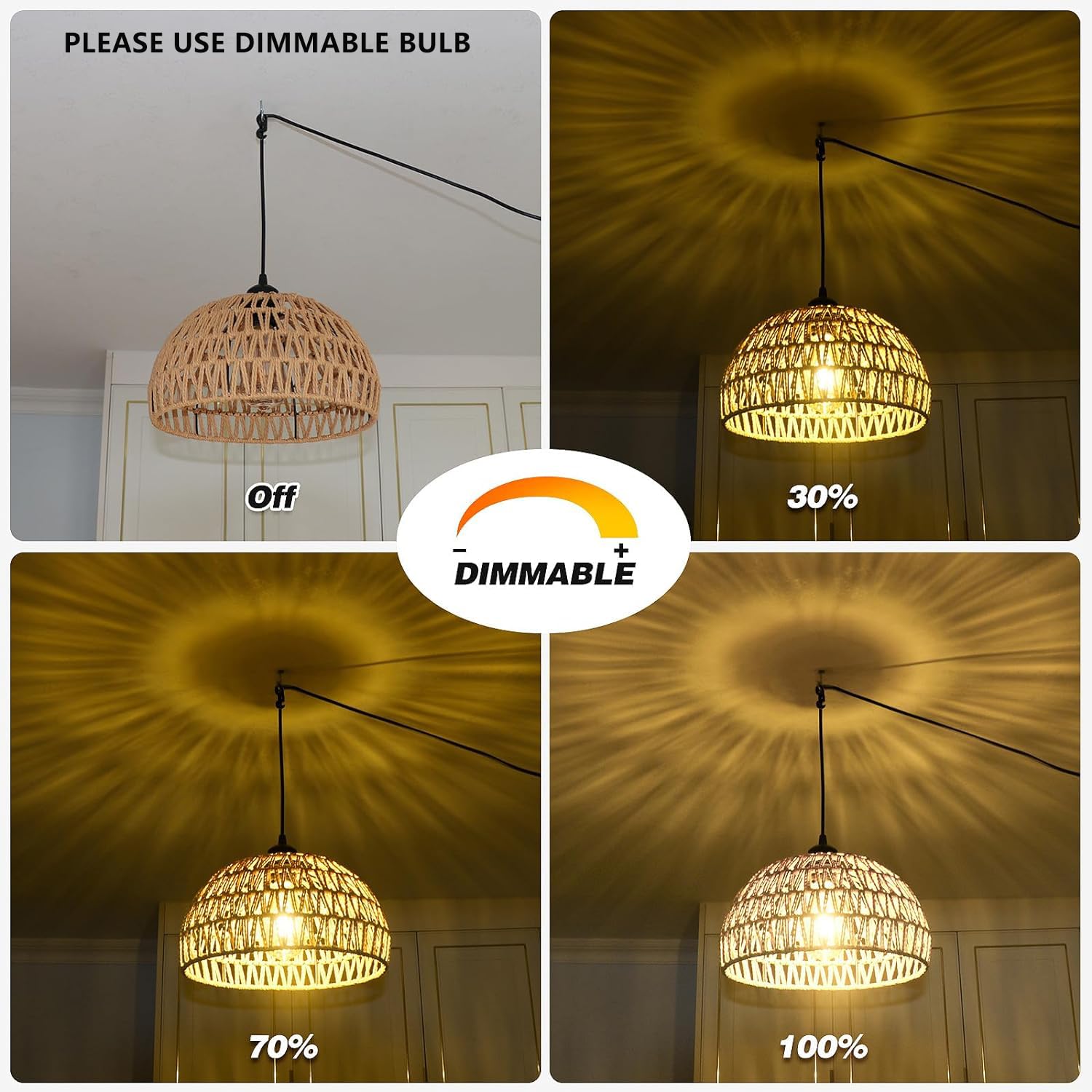 Plug In Pendant Light, 15Ft Hemp Rope Cord,Hanging Light With Plug In Cord Dimmable Switch Rattan Hanging Lamp Wicker Woven Basket Lampshade, Industrial Plug In Ceiling Light Fixture For Kitchen Brown