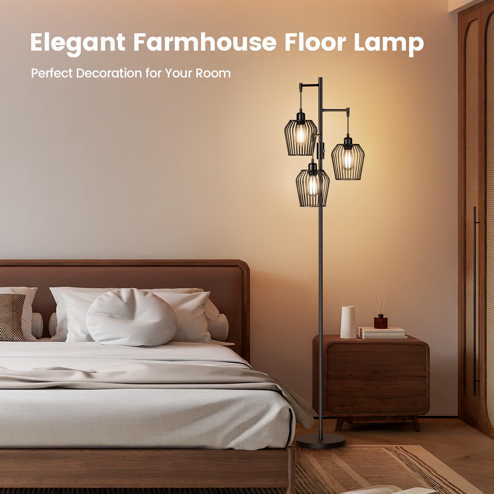 Sibrille Dimmable Floor Lamp, Farmhouse Industrial Floor Lamp With Elegant Cage & 3 X 1000Lm Led Bulbs, Tall Standing Lamp Black