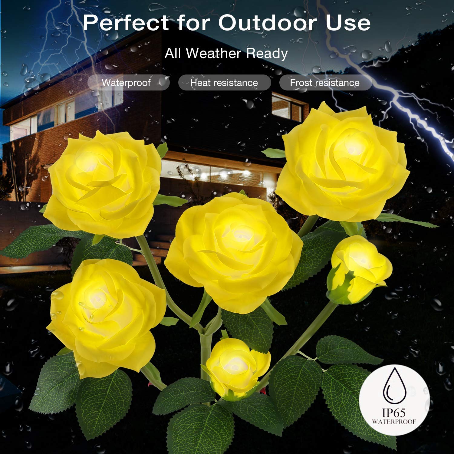 Tynled Outdoor Solar Garden Stake Lights, 6 Rose Flowers, Waterproof, Yellow, 1 Pack