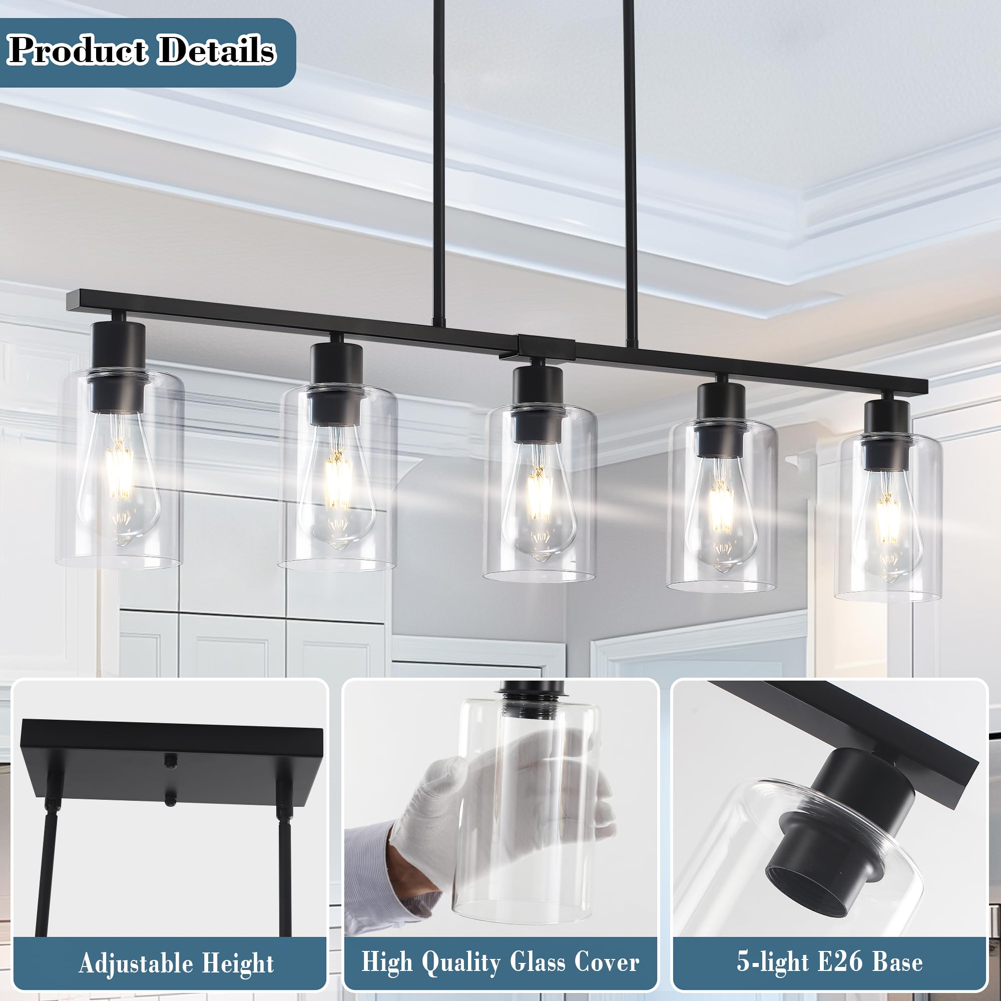 Yarlkav Black Linear Chandelier For Kitchen Island - 5 Light Pendant Lighting Fixture With Glass Shades, Adjustable Height Farmh