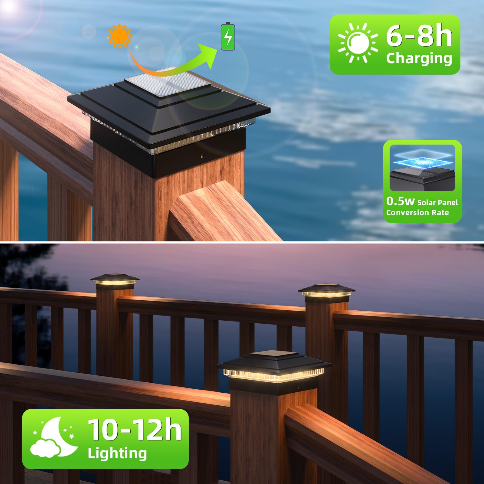 JOFIOS Solar Post Cap Lights 12-Pack, Waterproof Black Fence Post Lights for 4x4, 5x5, 6x6, 2 Color Modes for Garden, Patio,