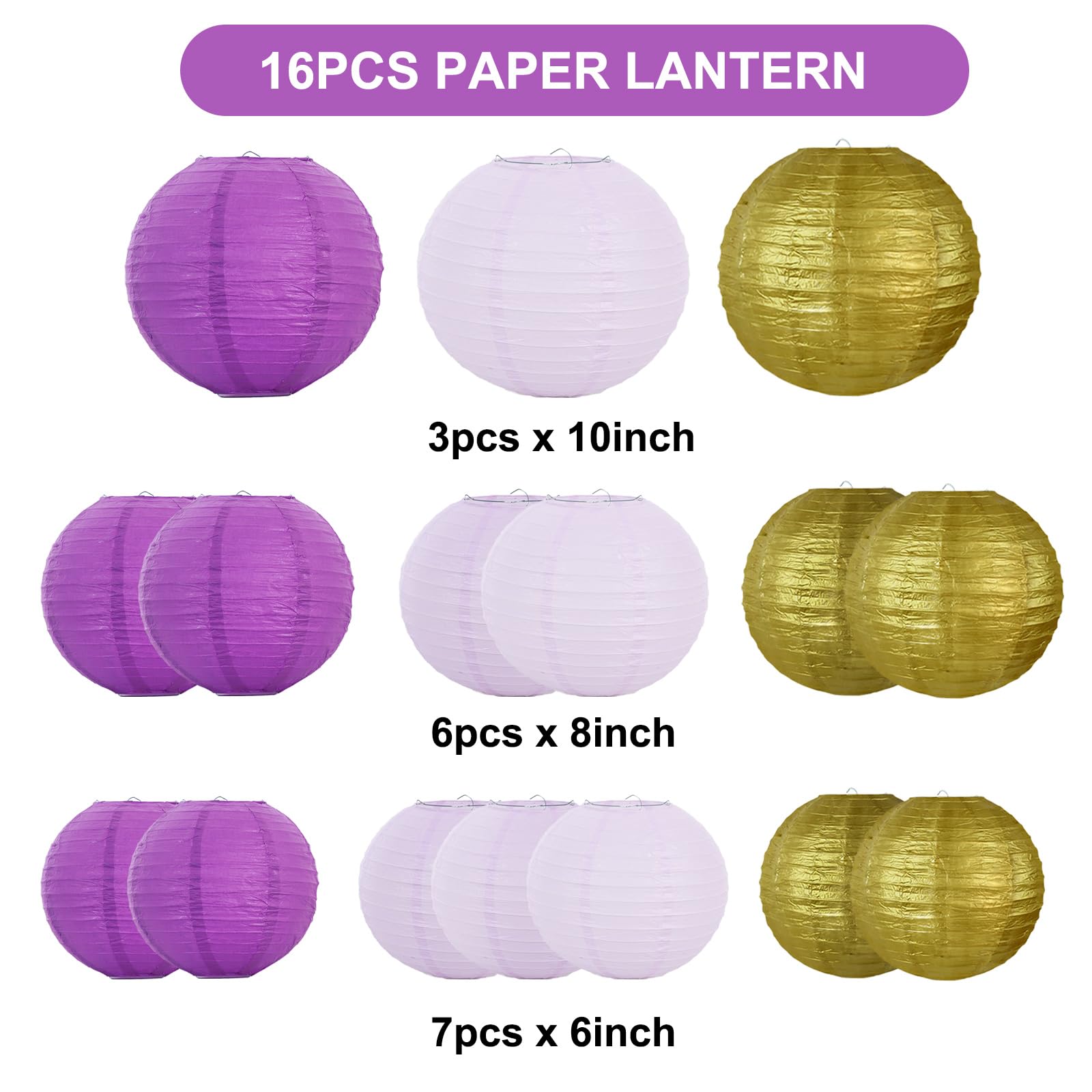 Beishida 16 Pcs Purple Gold Paper Lanterns,Hanging Decorative Chinese Japanese Round Paper Lantern Lamp For Graduation Bachelore