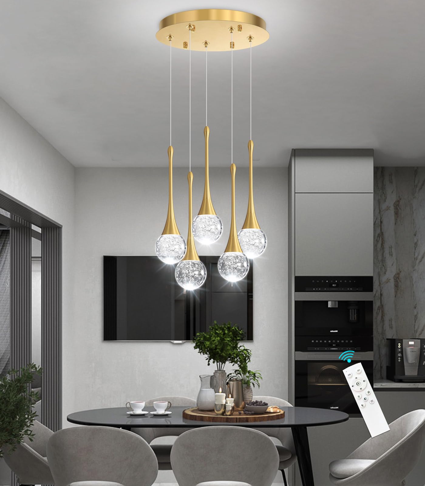 Cenzoz 5-Lights Modern Pendant Lights For Kitchen Island Led Dimmable Chandelier Crystal Glam Ceiling Pendant Lighting For Dining Room Hallway Bedroom Lamp Antique Gold