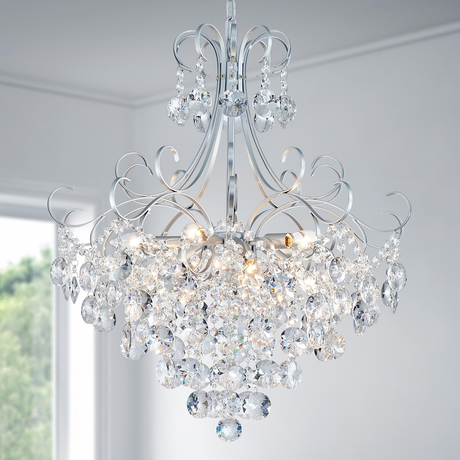 ANJIADENGSHI Crystal Chandelier, K9 Crystal, 28" High x 23" Wide, Silver, Model CL-0019S, 10 E12 Bulbs, Elegant