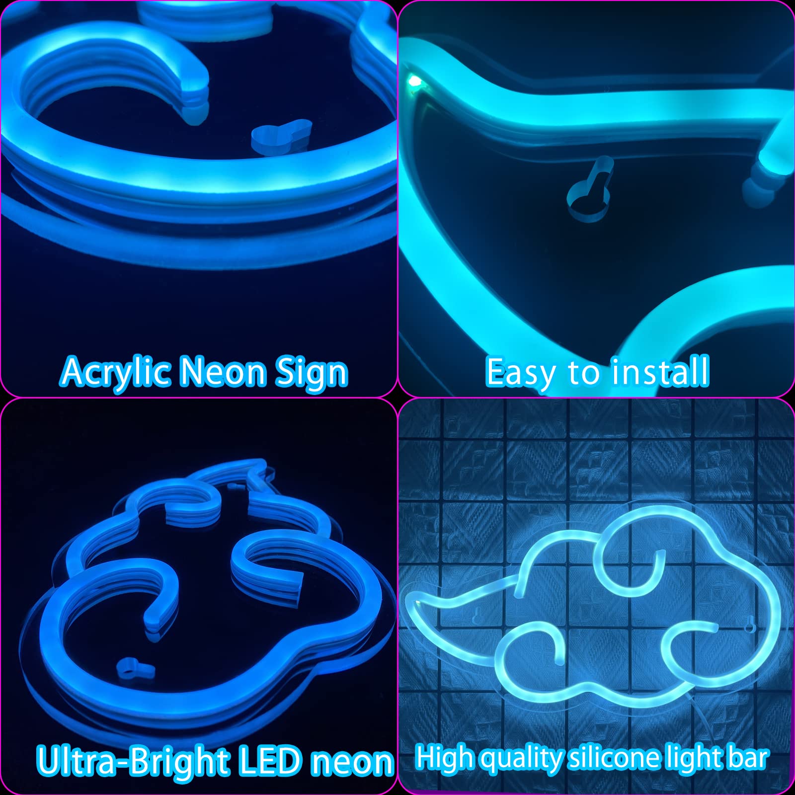 Dleouly LED Neon Sign - Red Cloud Wall Decor, Adjustable Brightness, USB Night Light, 12x7in, Ice Blue