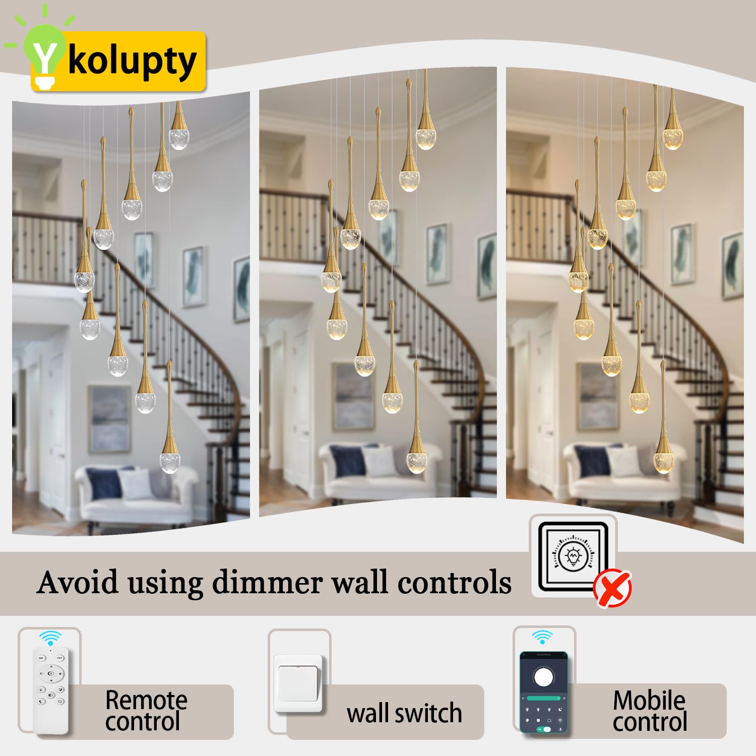 Ykolupty H100'' Modern Chandelier 9-Lights Gold Foyer Entrance Chandeliers High Ceiling Chandelier Led Dimmable 2700-6000K Fixtures