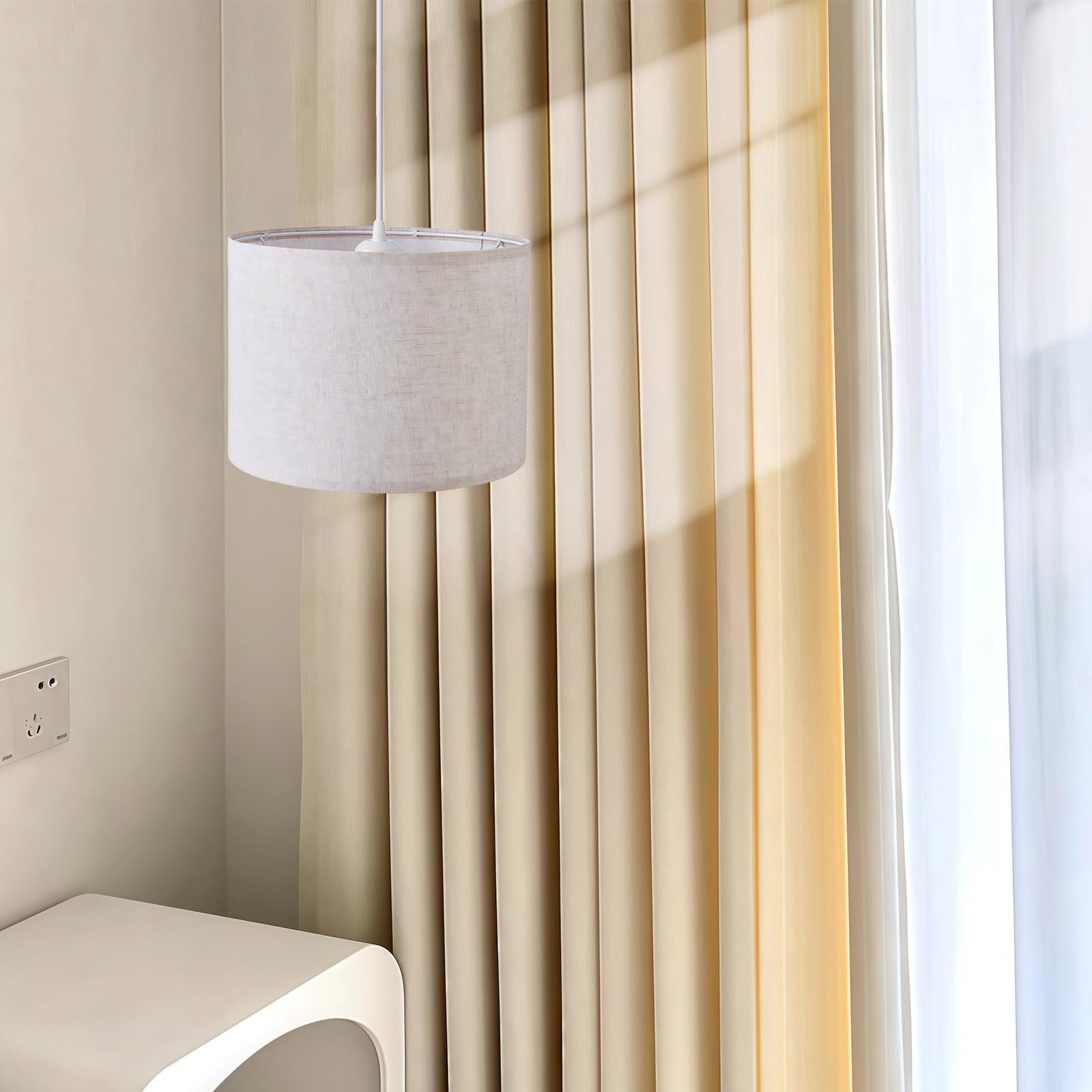 KUAUGST Plug in Pendant Light, 15 FT Cord with On/Off Switch, Beige Linen Fabric Shade, Model Plug in Pendant Light-07