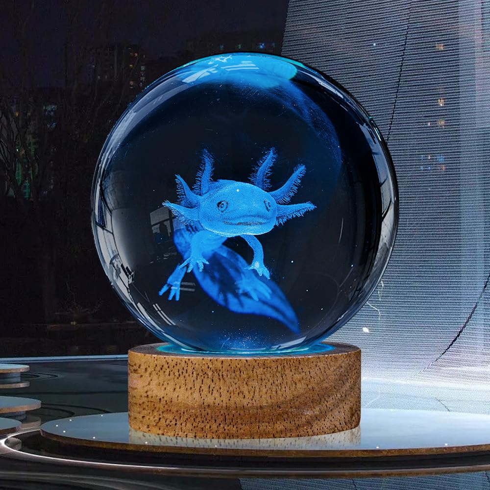 Yylzephb 3D Axolotl Crystal Ball Night Light With Woodern Base,16 Colors With Remote Control Cool Desk Decor Gifts For Kids Frie
