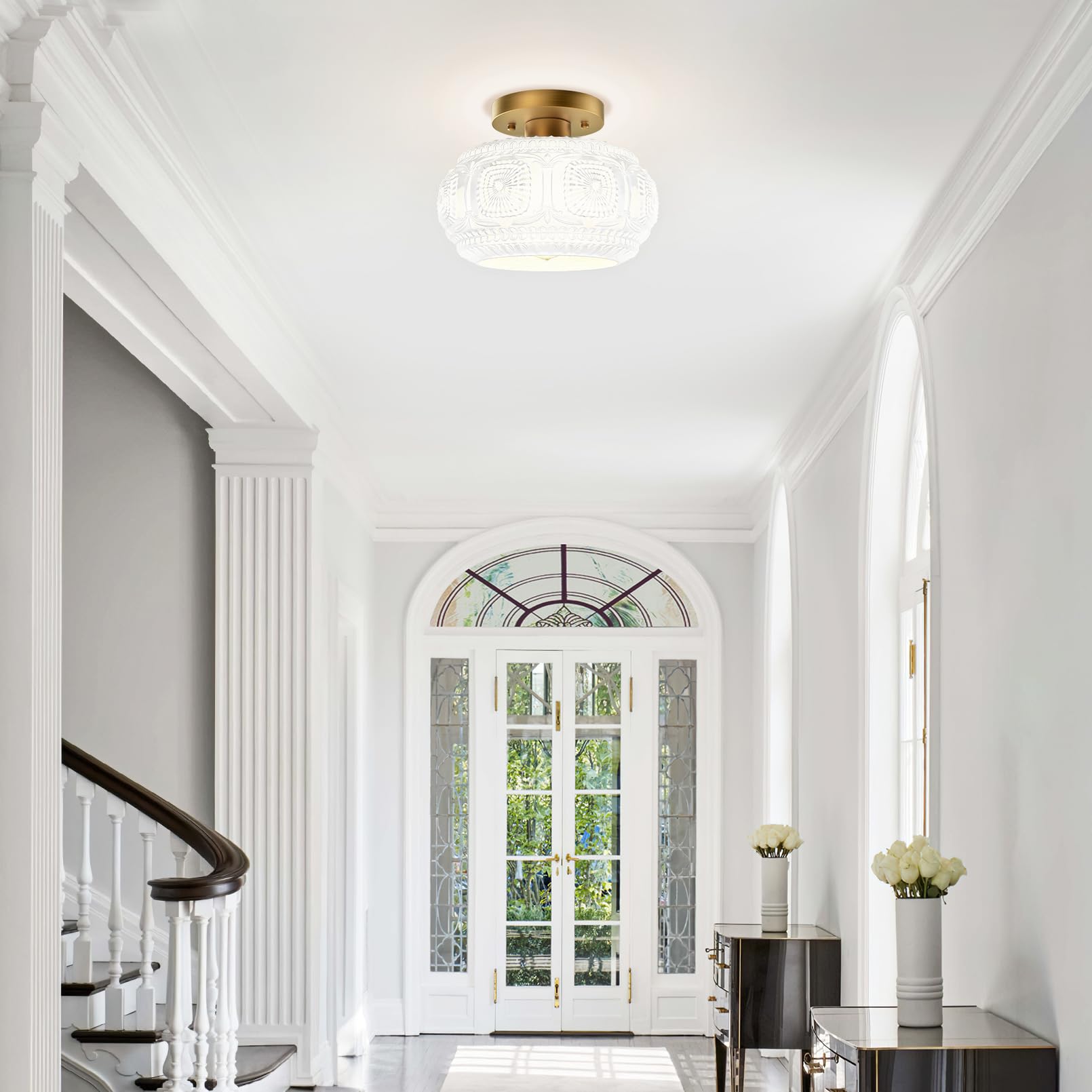 Oykyohei Semi Flush Mount Ceiling Light, Milk Glass Shade Modern Ceiling Light Fixture, Vintage Gold Lighting For Hallway Bedroo