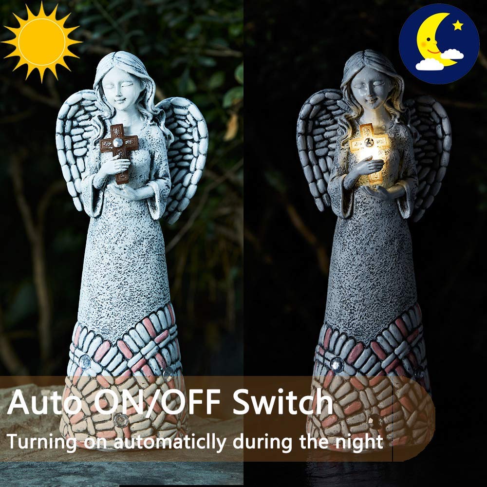Yiosax Angel Garden Statue - Outdoor Solar Decor, Resin, 10.24 Inch, Cross Praying Angel for Cemetery Backyard Lawn Decoration