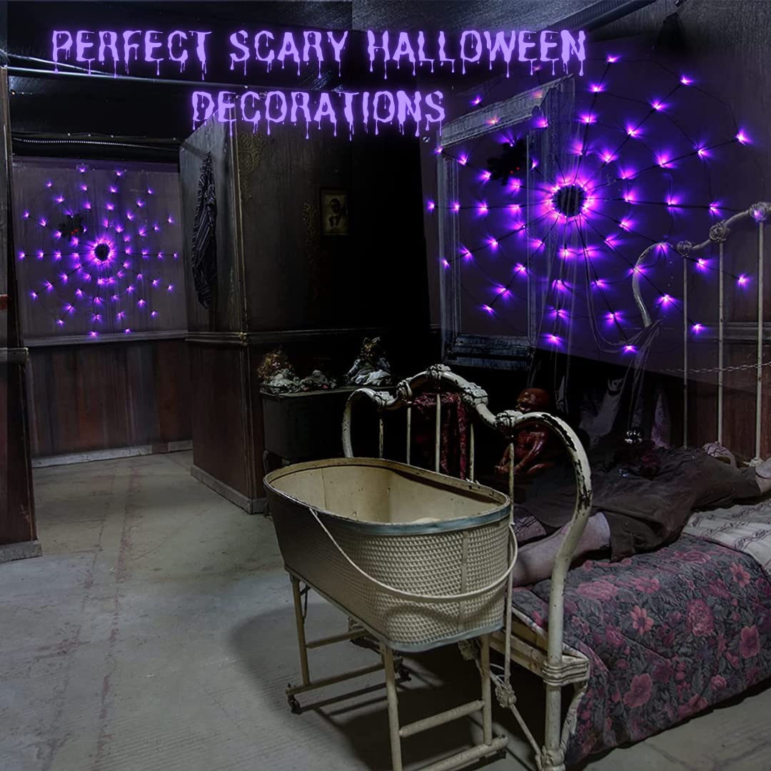 LCHUANG Halloween Spider Web Lights - 4FT, 70 LEDs, Waterproof, Remote Control, 8 Modes, Purple, Model YZZW-001