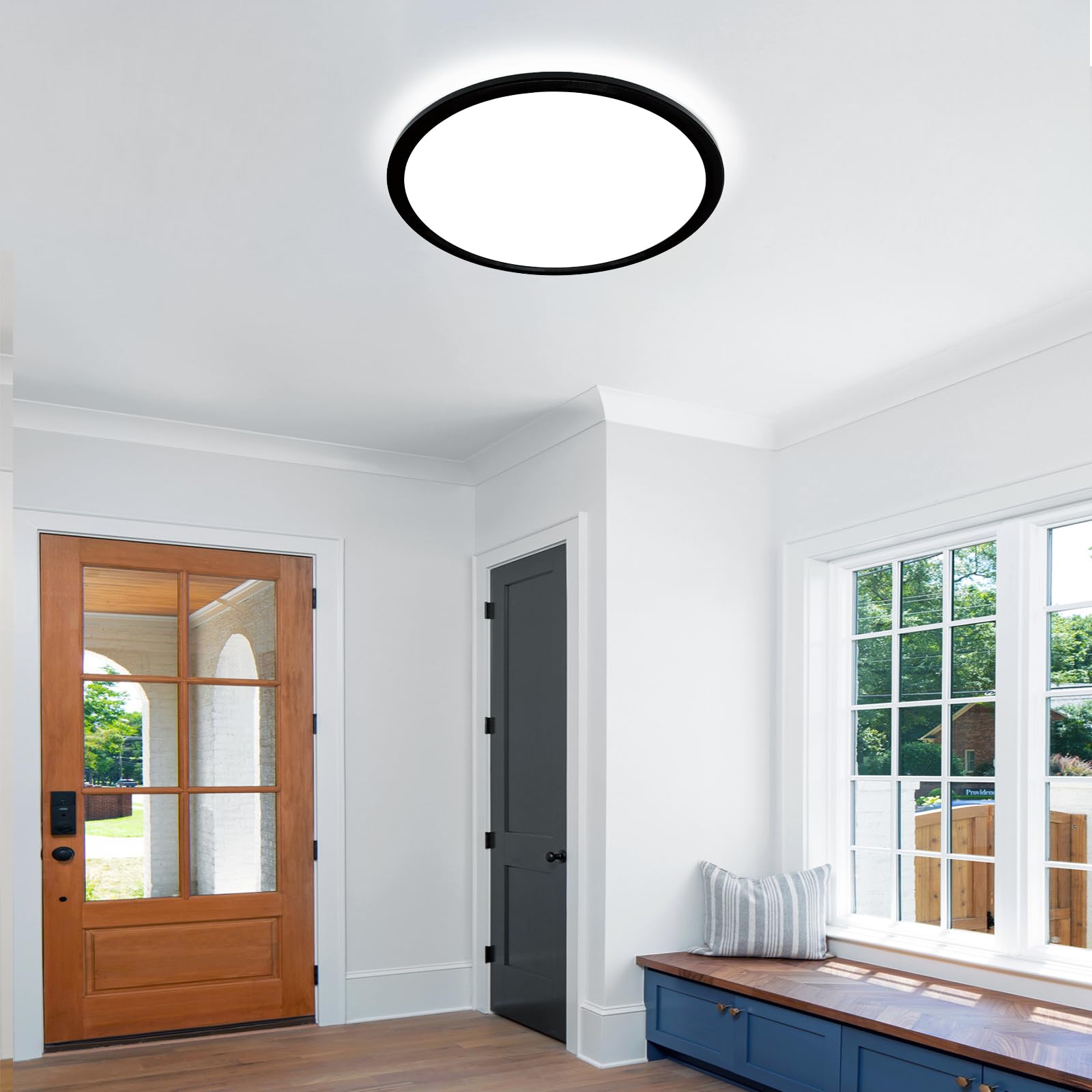 Hovenla 9 Inch Led Flush Mount Ceiling Light, 18W, 3000K/4000K/6500K Selectable, Dimmable Black Closet Light Fixture, 1800Lm Sup