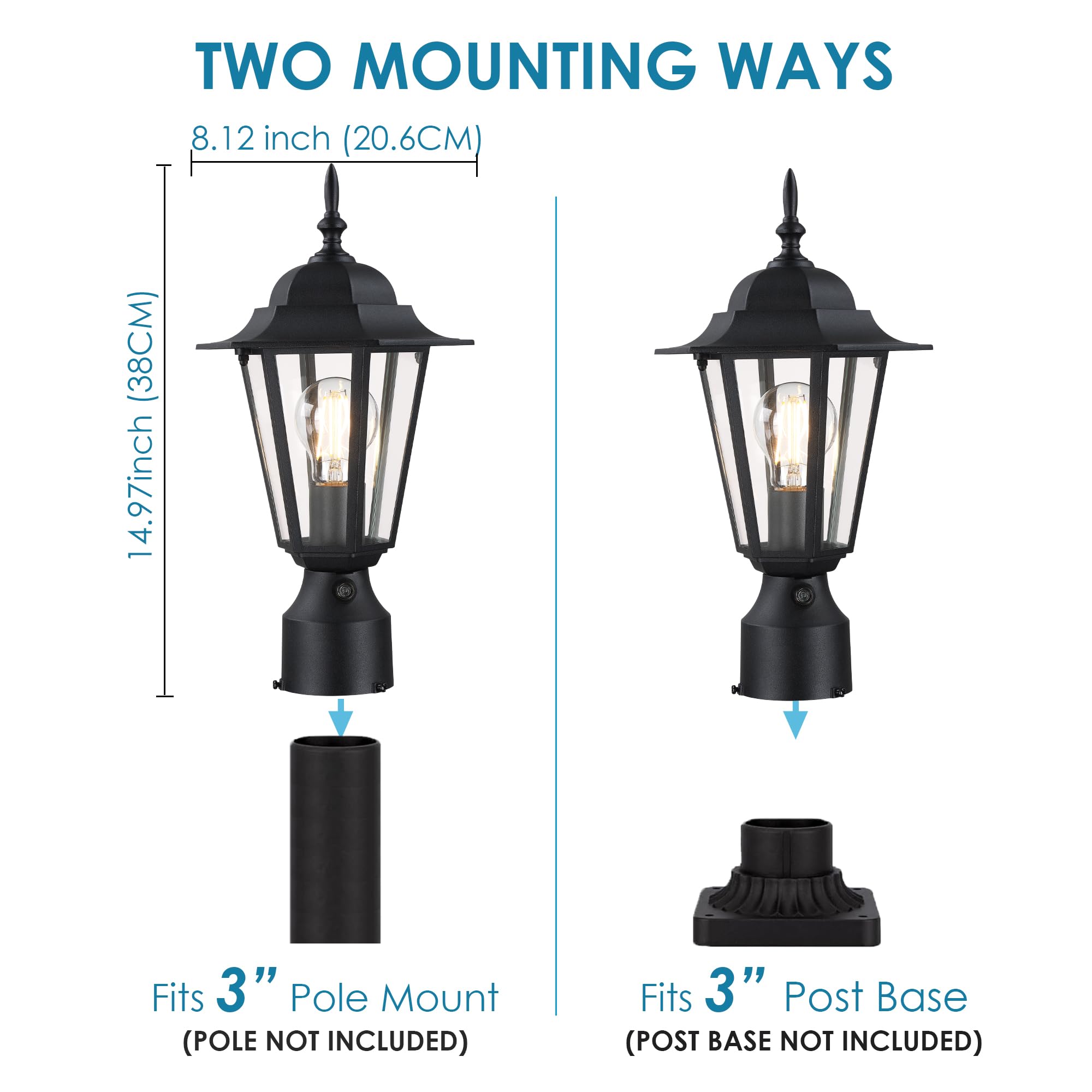 GRUENLICH Dusk to Dawn Outdoor Post Light, Black Aluminum Lantern, 15 inch, Model GR-PL001D2D-BK-1PK