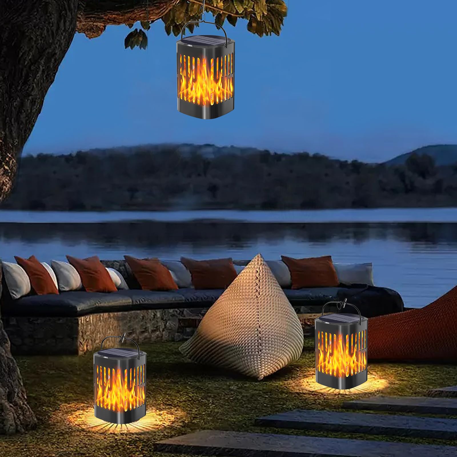 Bebrant Solar Hanging Lanterns - Flickering Flames, Waterproof Outdoor Lights, 4 Pack, Black