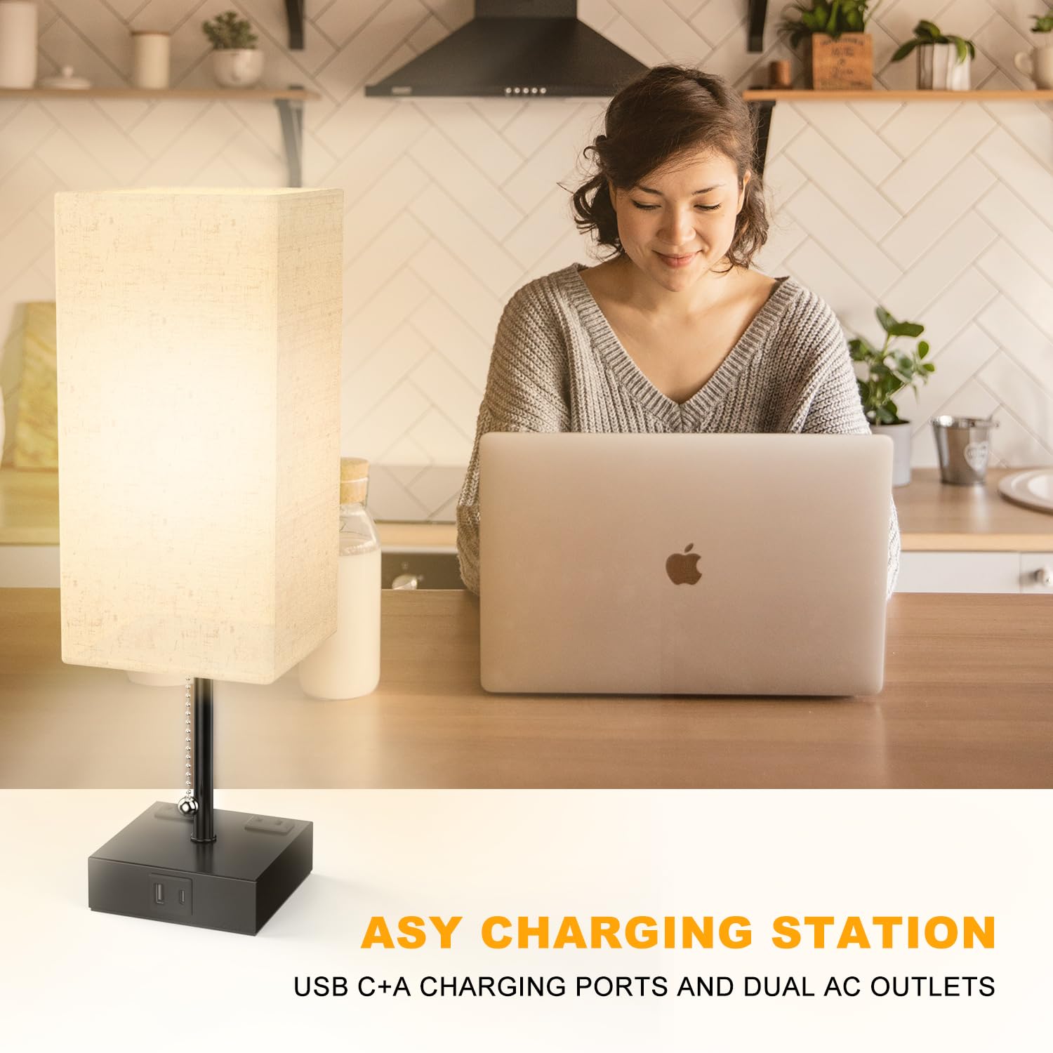YIDPU Table Lamp - USB Charging Ports, Adjustable 3-Color LED Light, Linen White, 2PCS, Included Bulb, Perfect for Bedroom and Office Decor