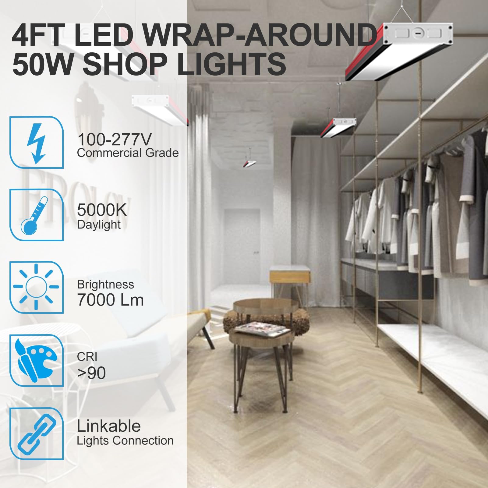 Lightdot 4FT LED Wraparound Shop Lights, 50W, 7000LM, 5000K, Linkable, Black & Red, Model LSL-08-4FT5