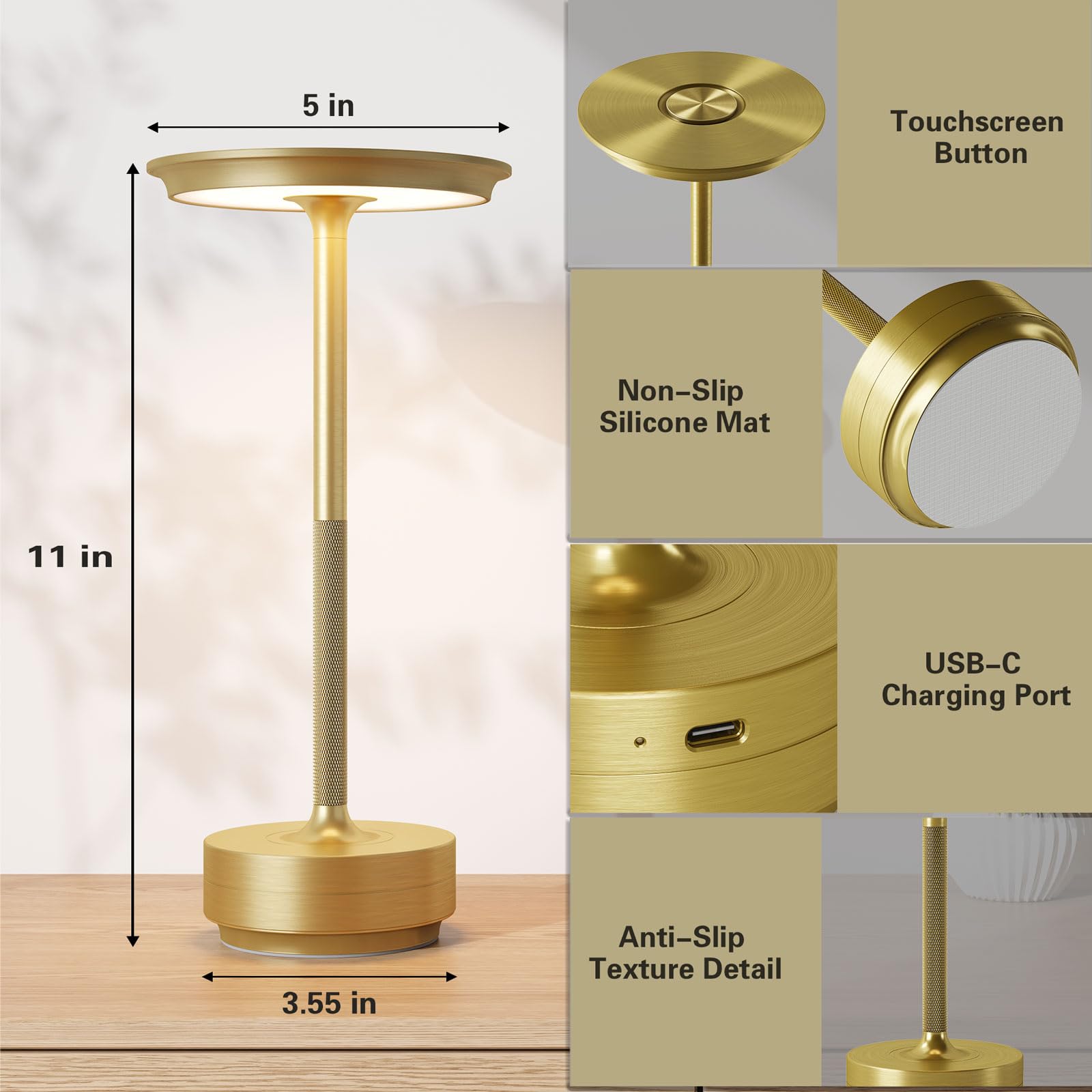 Ztflos Cordless Led Table Lamp,Portable Rechargeable Usb-C Battery Operated Table Lights Ip54 Waterproof 3 Levels Brightness Lig