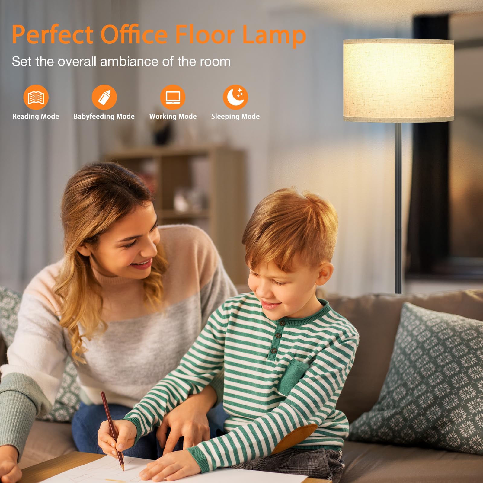 Ambimall 60'' Modern Floor Lamp with Remote, Beige Shade, Black Pole, Metal, Model RPT-ZGB120