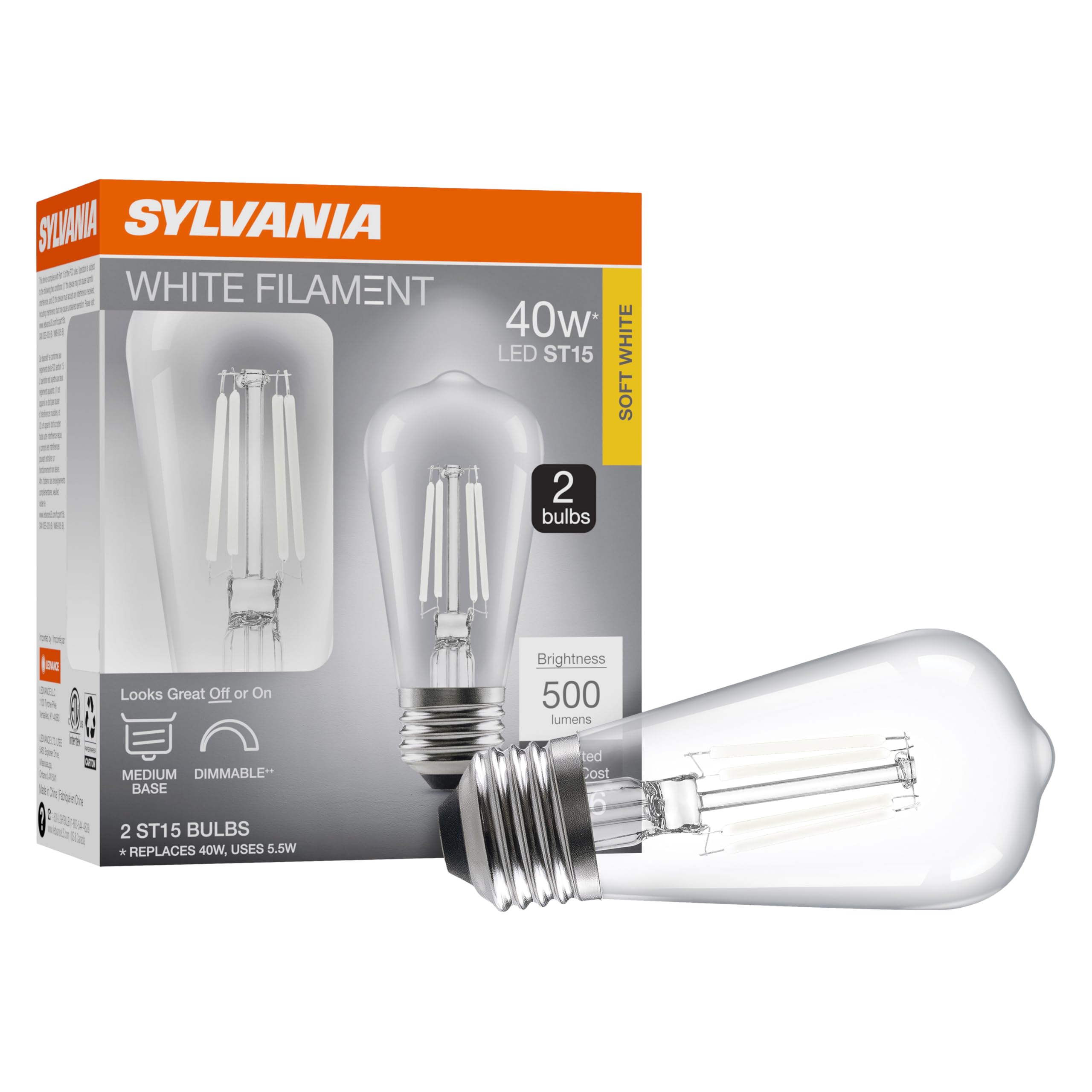 Sylvania St15 Clear Led White Filament Bulb, 5.5W, Dimmable, 500 Lms, Medium Base, 2700K, Soft White - 2 Pack (42268)