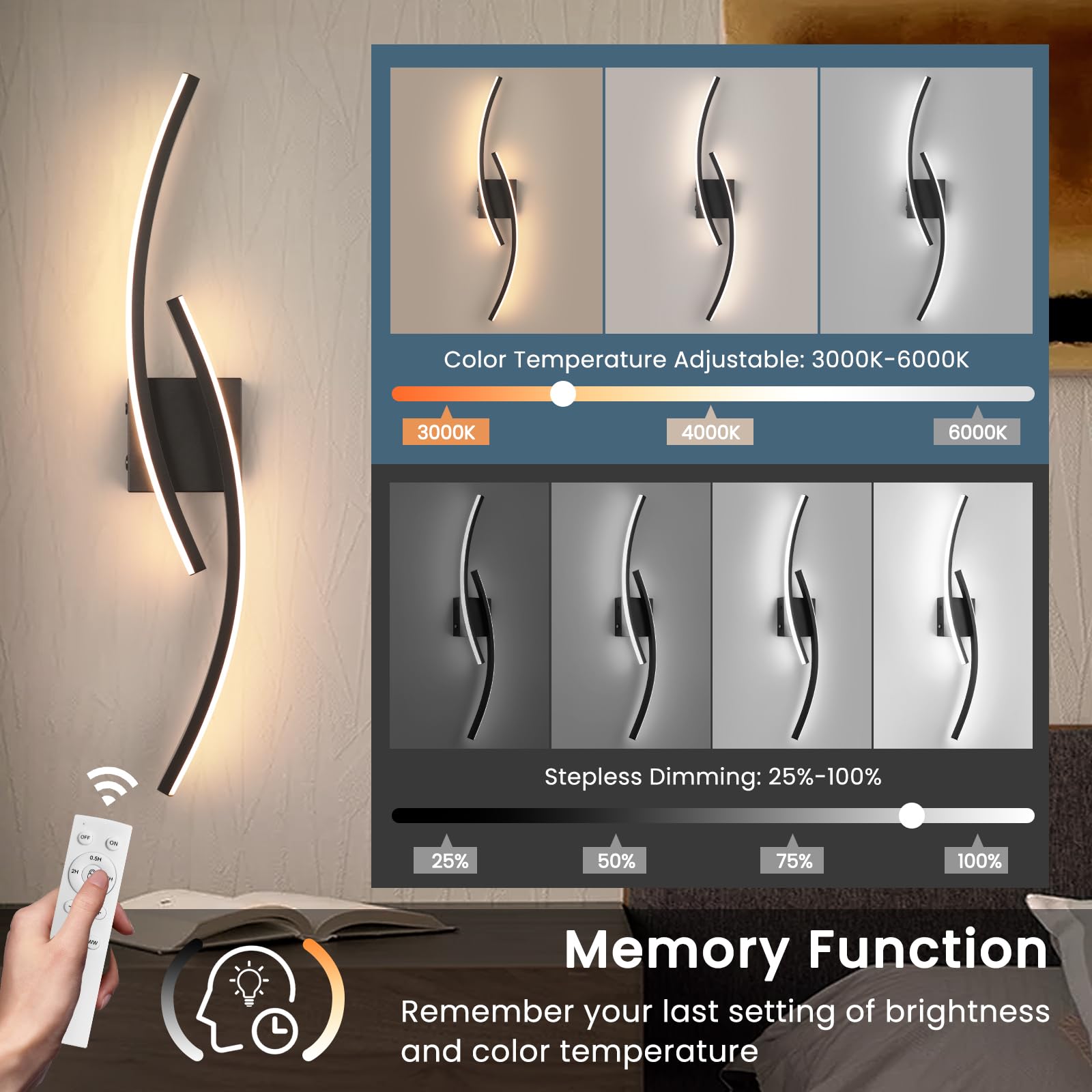 Sovinzert Wall Sconce, 15000mAh Battery Operated, Remote Control, 3000K-6000K LED, Aluminum, Black, 39.3 Inch