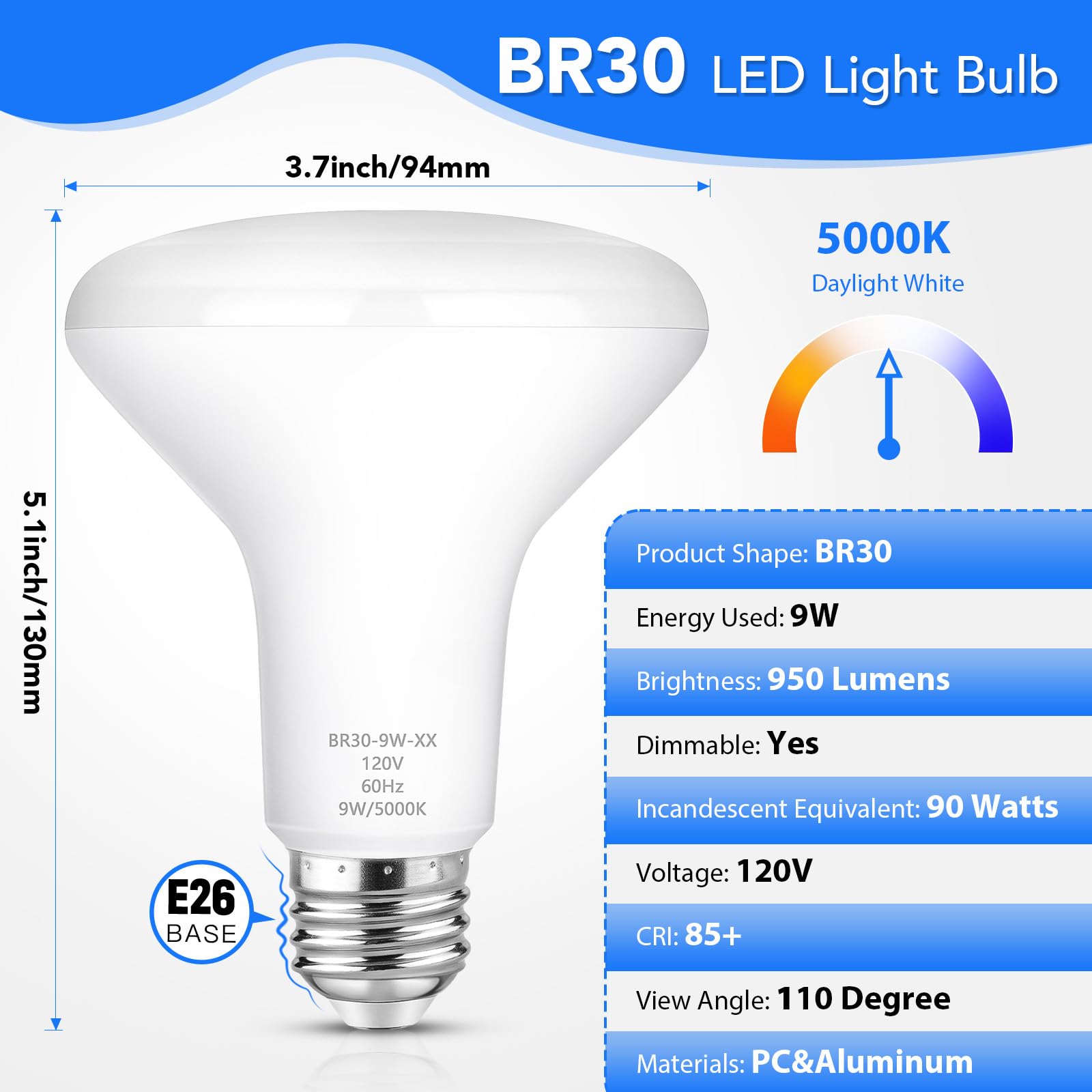 Maylaywood Br30 Led Light Bulbs Indoor Flood Light, 90W Equivalent, Dimmable, Daylight White 5000K, 950Lm, E26 Base, 9W Led Rece