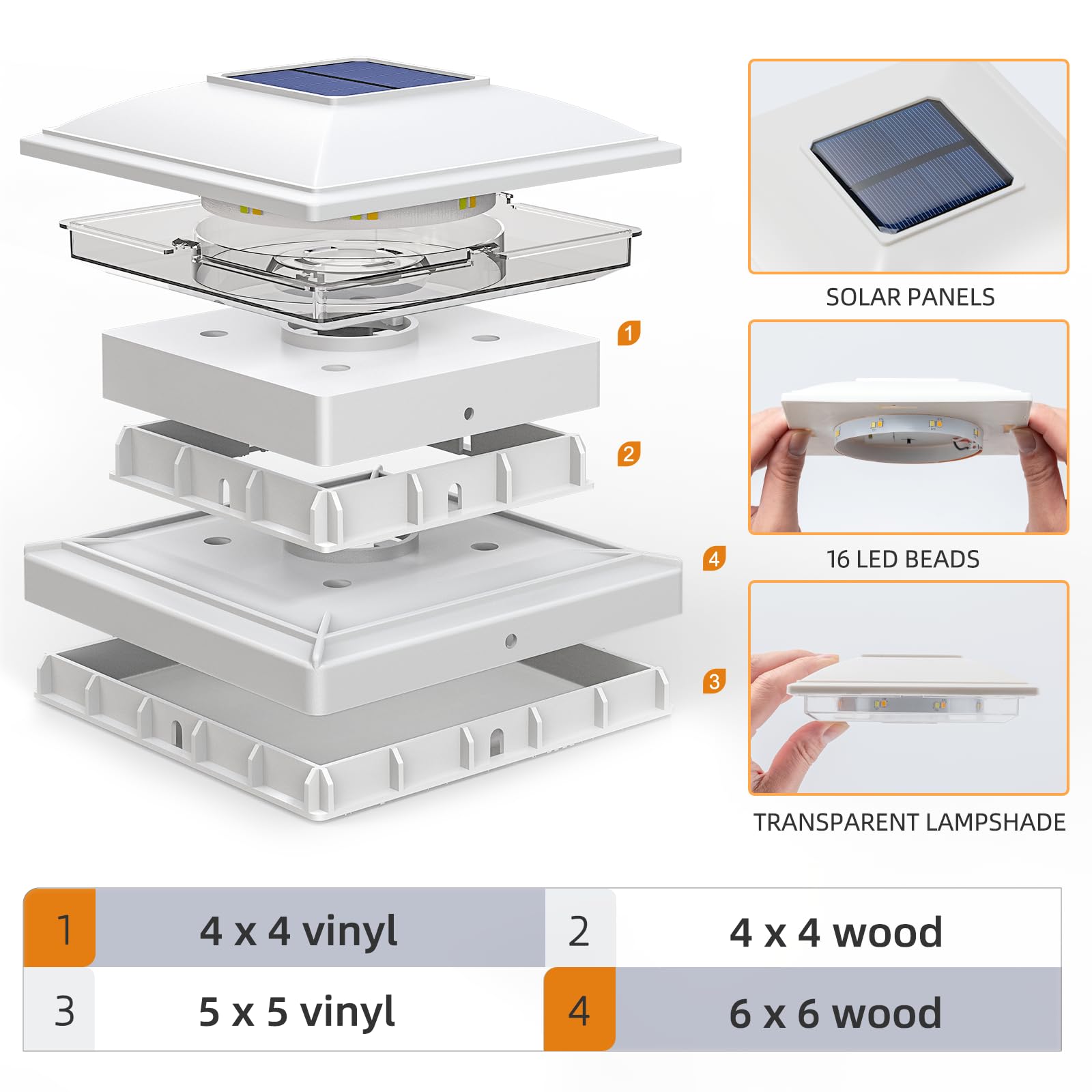 APONUO Solar Post Cap Lights, 16 Pack, 2-Modes, Waterproof White Vinyl Fence Decor for 4x4, 5x5, 6x6 Decks and Pat