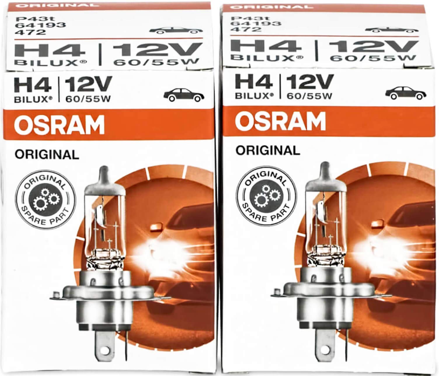 OSRAM H4 Halogen Bulbs, Pack of 2, Model 64193, Silver Color, Car Headlamp Light