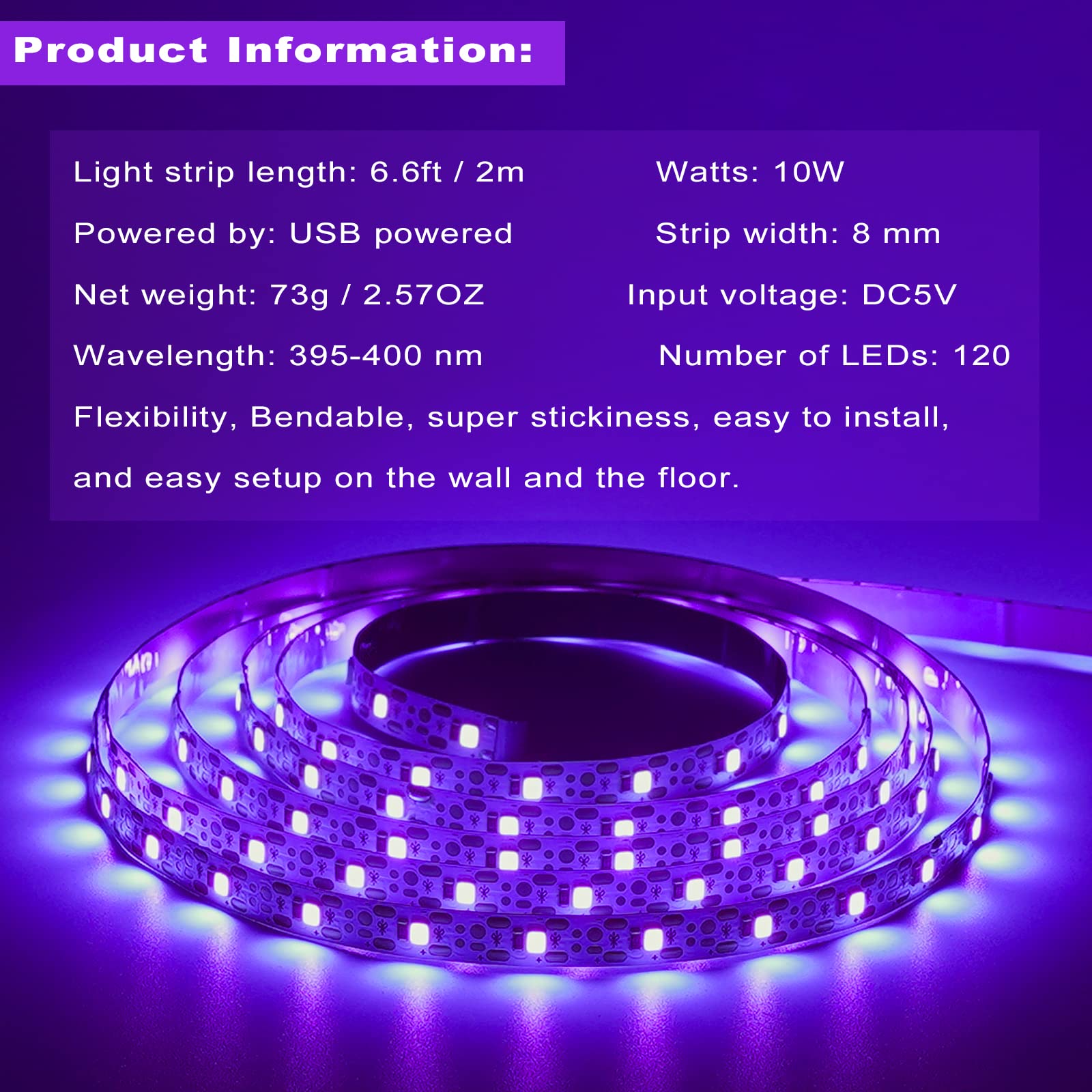 6.6Ft Black Light Led Strips, 120 Lamp Beads, Usb Cable 1.5M Led Black Light Strip Kit, Dc5V 10W Flexible Blacklight Strip Light