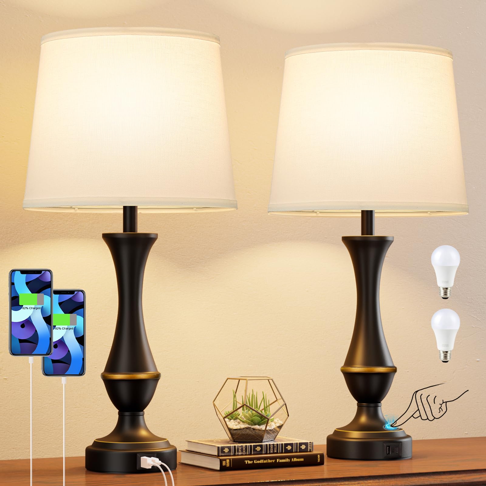 Seealle Touch Lamps Set of 2 - 3 Way Dimmable Nightstand Table Lamps with USB C+A, White Shade & Black Base