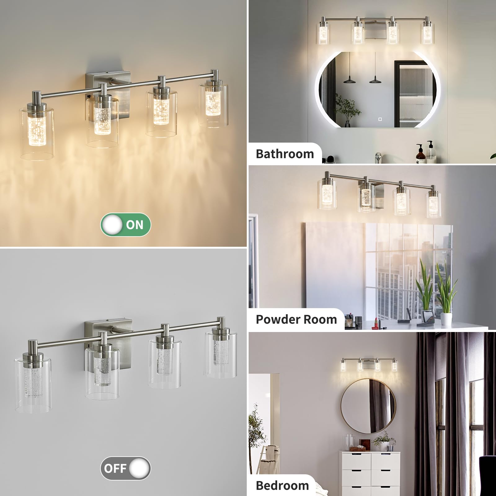 4 Lights Bathroom Vanity Light Fixtures, Brushed Nickel Modern Bathroom Wall Lighting With Clear Glass Shade, Crystal Wall Light