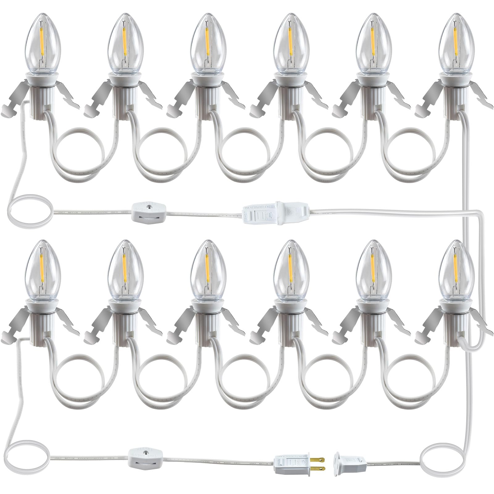 Wltotuay C7 LED Light Bulb Cord Clip Lights, 12 Bulbs, Brass, White, Model 6LED for Christmas and Party Decorations