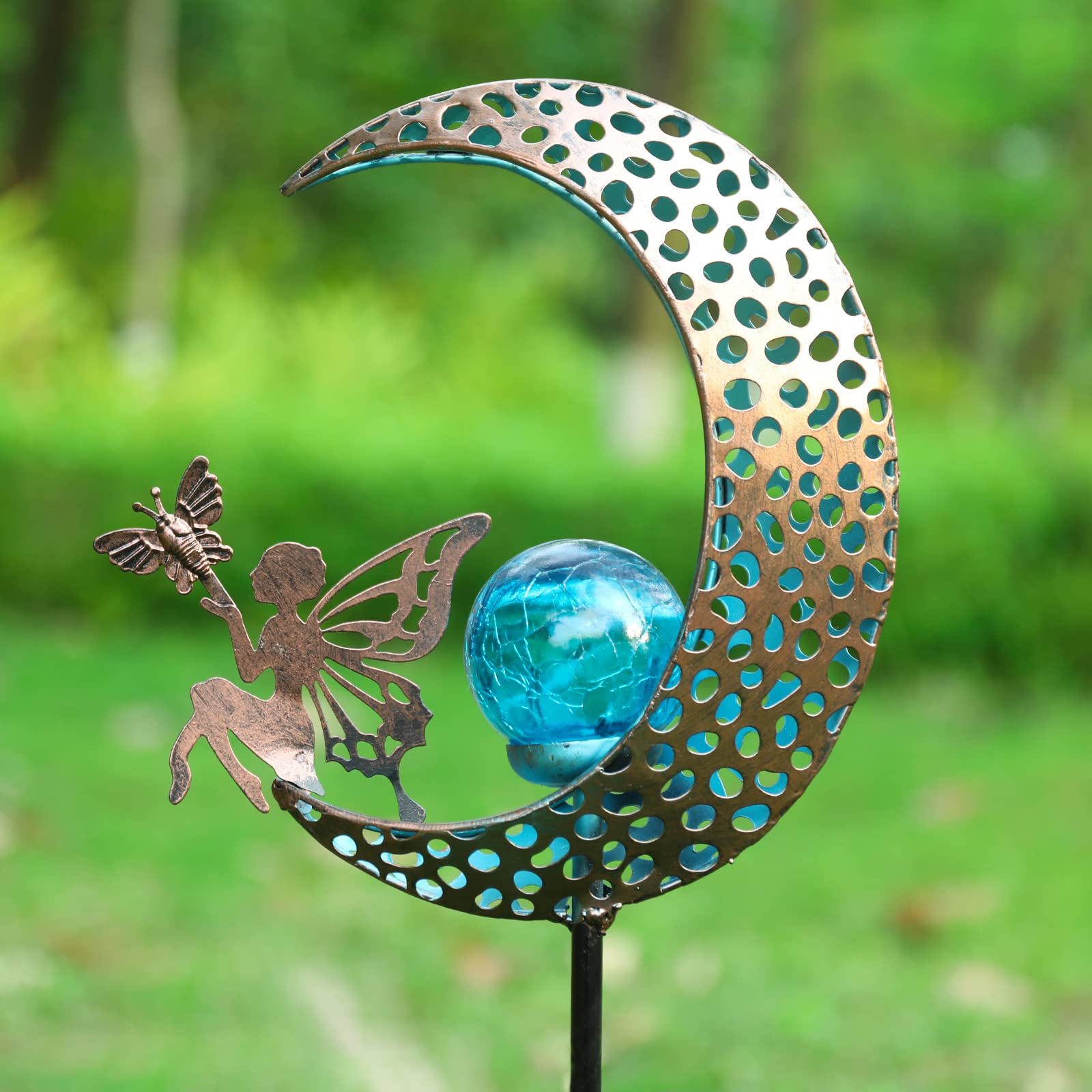 Bshine Moon Solar Light Outdoor Garden Decoration  Moon Fairy Garden Statue Christmas Outdoor Decor Metal Waterproof Light Stake For Patio  Path  Yard And Lawn Ornament  Housewarming Gift For Mom Blue