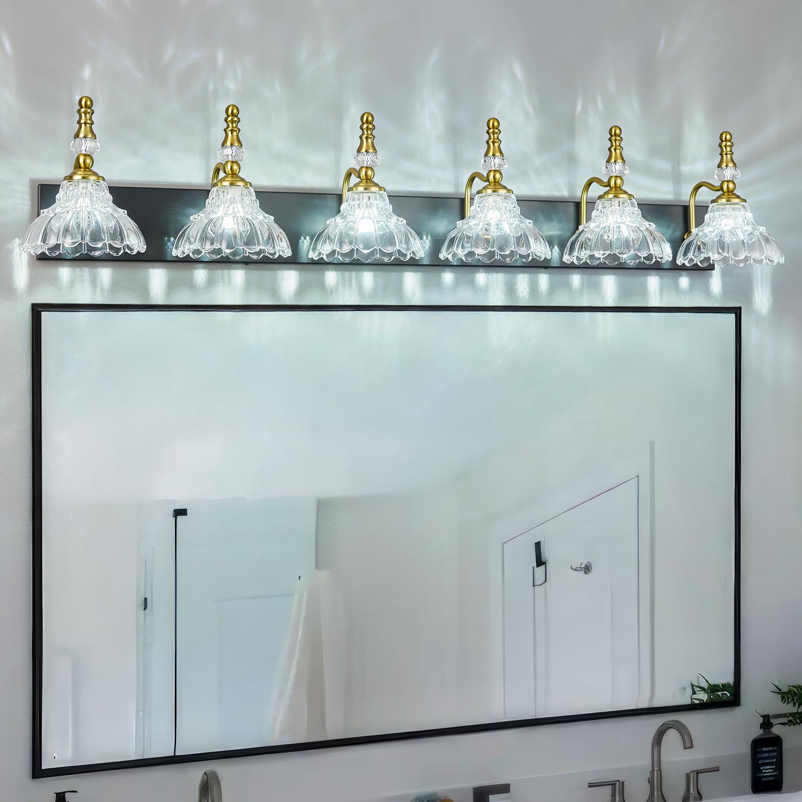 Lbsqj Vintage Bathroom Vanity Light  6-Light Black Gold Vanity Lighting Fixture With Flower Glass Shade  Bathroom Lighting Fixtures Over Mirror