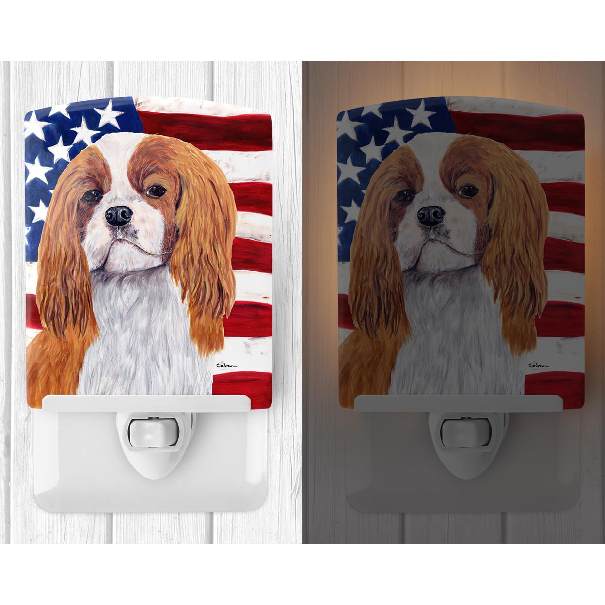 Carolines Treasures Ceramic Night Light with American Flag & Cavalier Spaniel, 6x4x3in, Multicolor, Model SC9115CNL