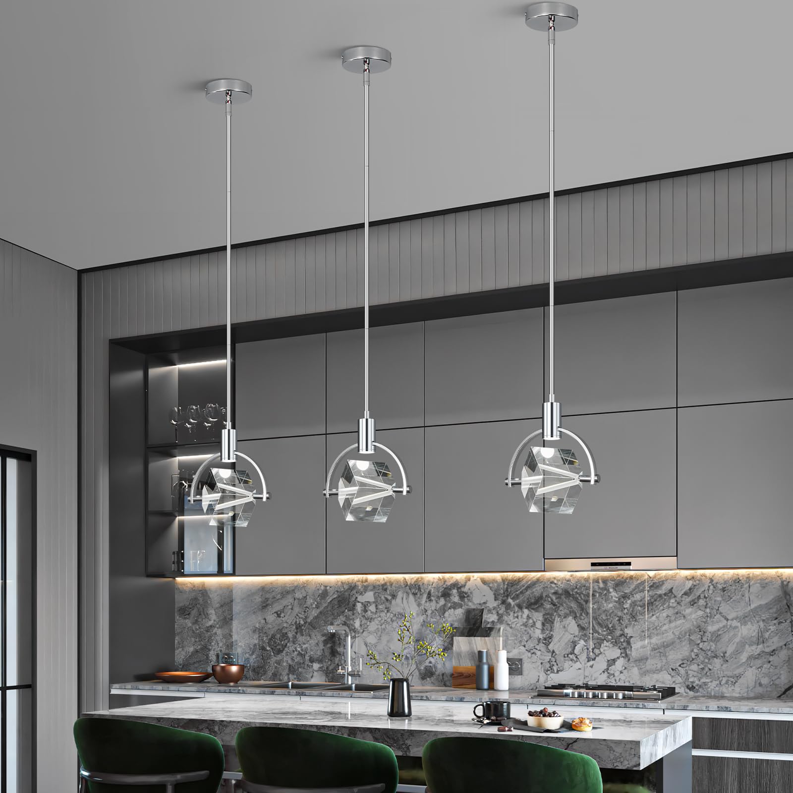 Liangmh Chrome Crystal Pendant Light Fixture, Modern Led Hanging Light For Kitchen And Dining Room