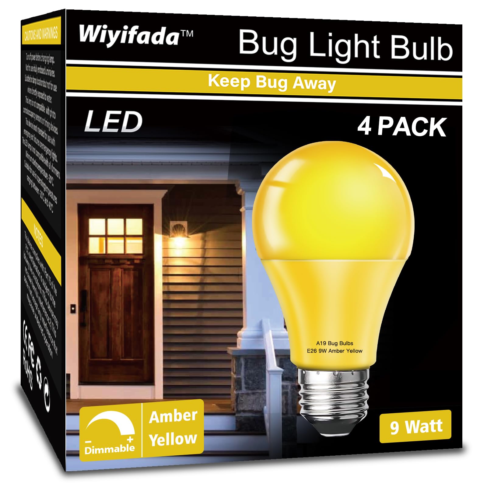 Wiyifada 9W Dimmable Amber Led Bug Light Bulbs - 4 Pack, Replace Up To 60W,