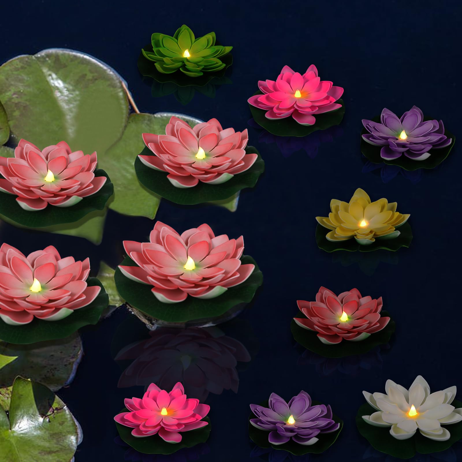 Lacgo 12 Pcs Waterproof Floating Lotus Light - Diwali 5 Inch Floating Flower Light Battery Operated Water Activated Warm White Light Pool Flower Lamp Wedding,Anniversary,Garden Decoration(Mix-Color)
