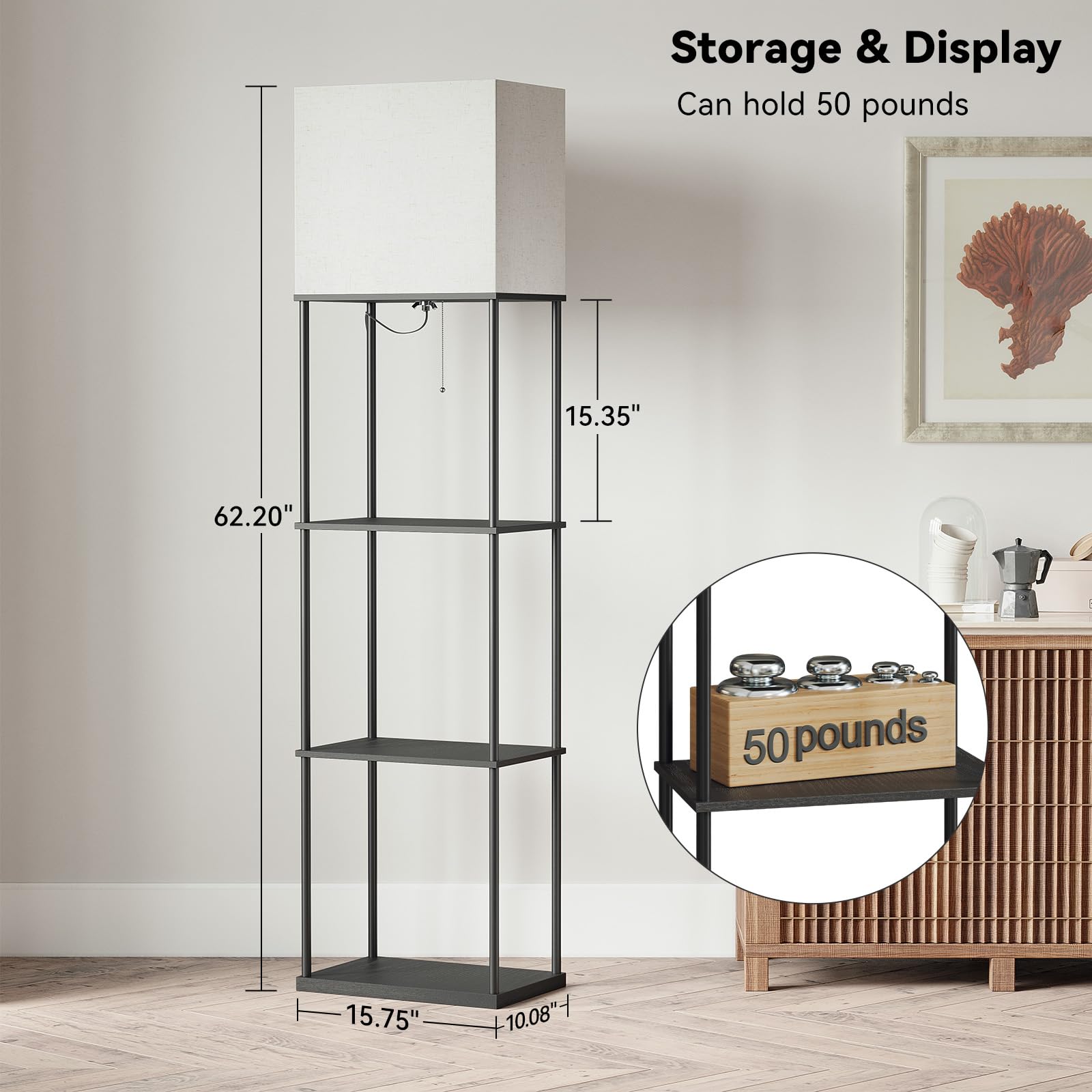 SUNMORY Large Floor Lamp with Shelves, 4-Tier Iron Design, 3 Color Temperatures, Model SR000023, Perfect for Living Room, Bedroom, Office