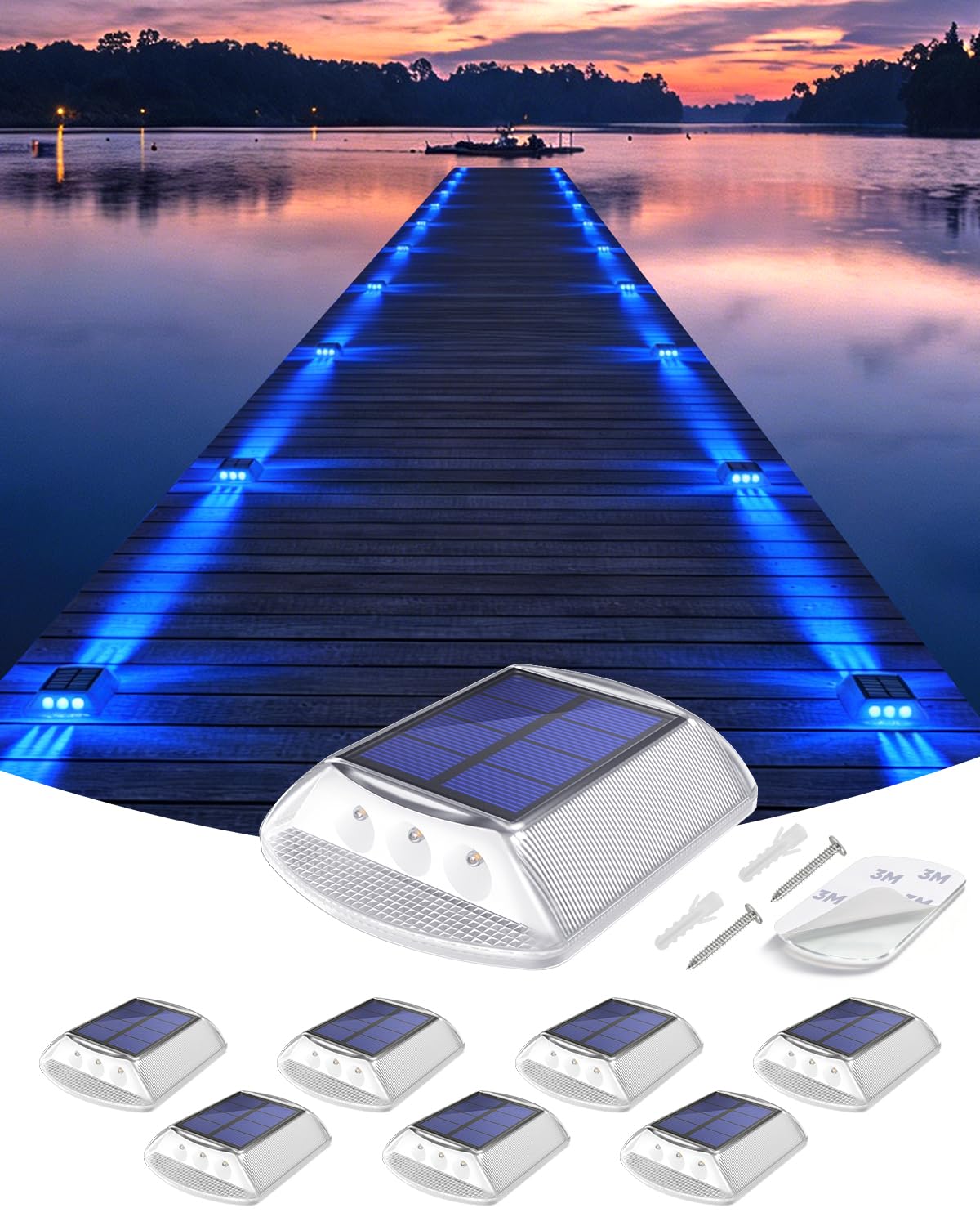 DetarZinLED Solar Driveway Lights Outdoor, 8 Pack IP68 Waterproof Dock Deck Lights Solar Powered, Stick on & Screw Blue Markers 