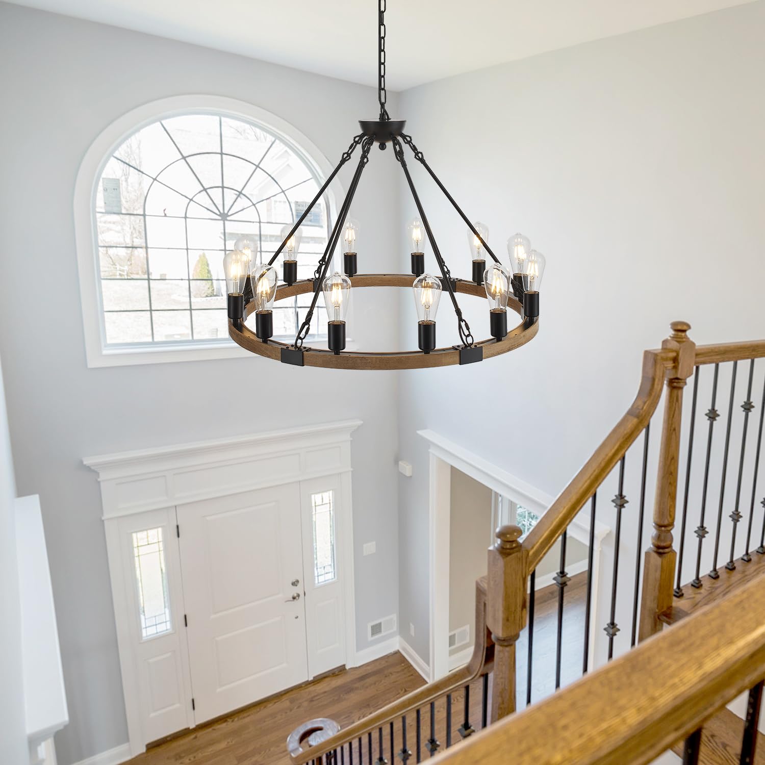brfaixla 12-Light Wooden Wagon Wheel Chandelier, 31.5" Diameter, Rustic Black Metal, Natural Wood for Farmhouse Living Room Foyer