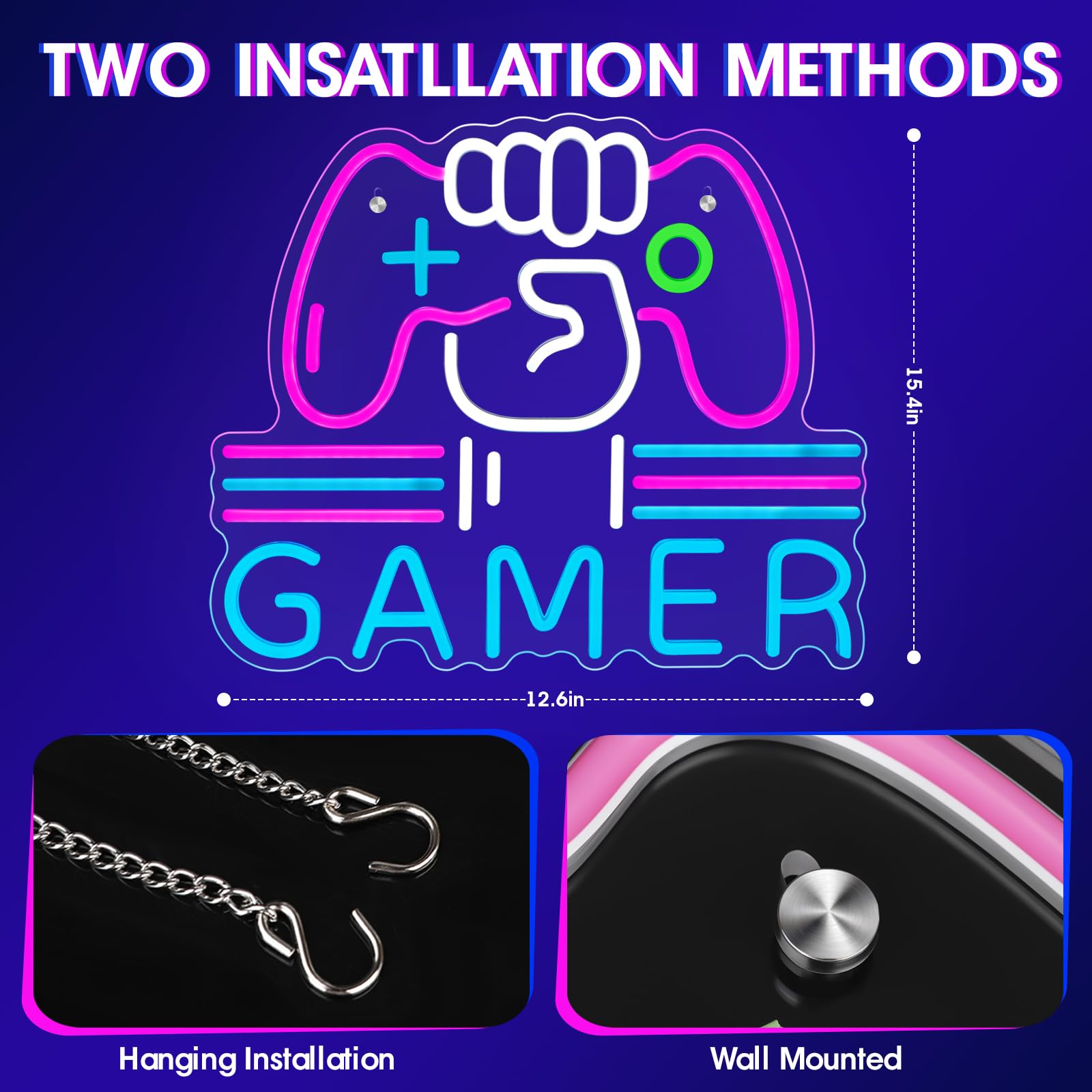 ReyeeInc Gamer Neon Sign - Bright Dimmable LED Light, 15.4x12.6in, Acrylic, Pink/Blue/White, Model RY23012, Perfect for Gaming Room