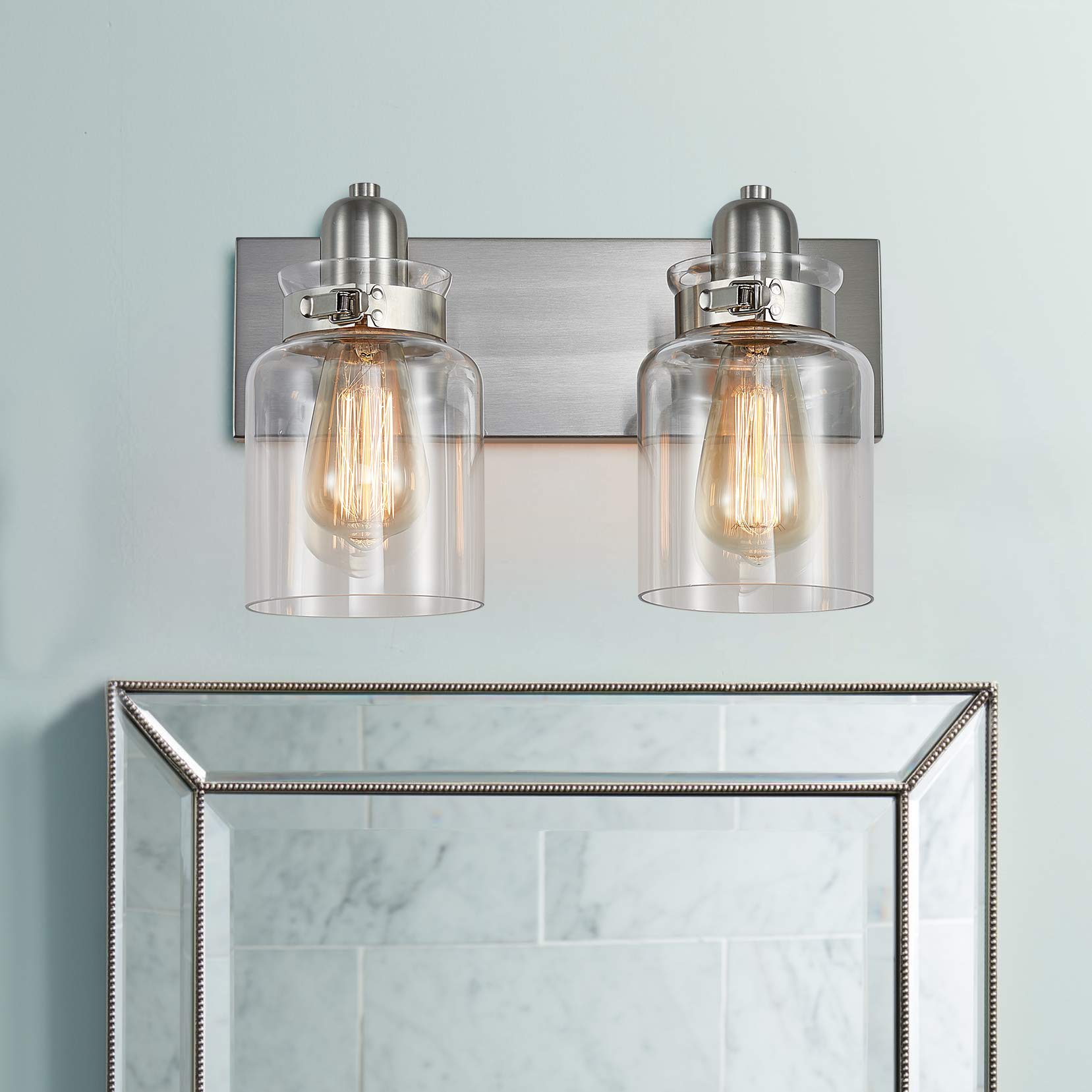 Bestier 2-Light Bath Vanity Wall Sconce Brushed Nickel Glass AK-AJ-18103 7in Width 8.3in Height E26 LED Bulbs Required