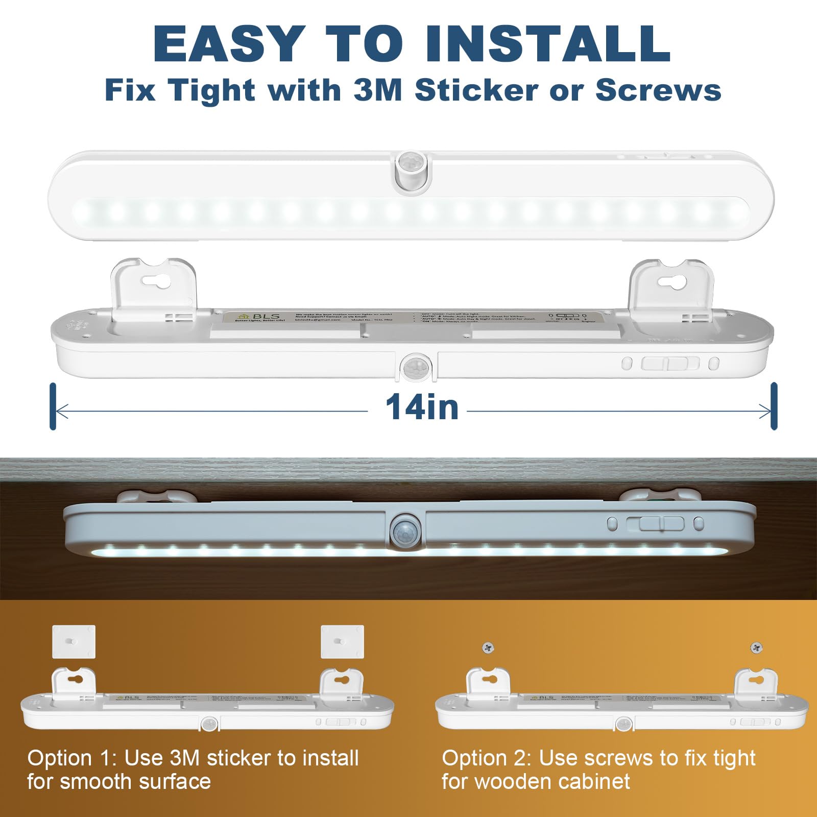 BLS Under Cabinet LED Lighting, Motion Sensor, 14 Inch, 2200mAh Rechargeable, Cool White 6000K, Dimmable, Battery Powered/DC Plug