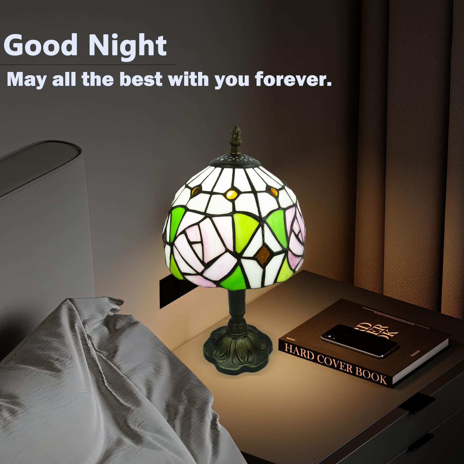 Crefotu Tiffany Style Table Lamp, Stained Glass, 8 Inch, 3 Color Temperatures, Rose Pattern, Model CFLP-0001