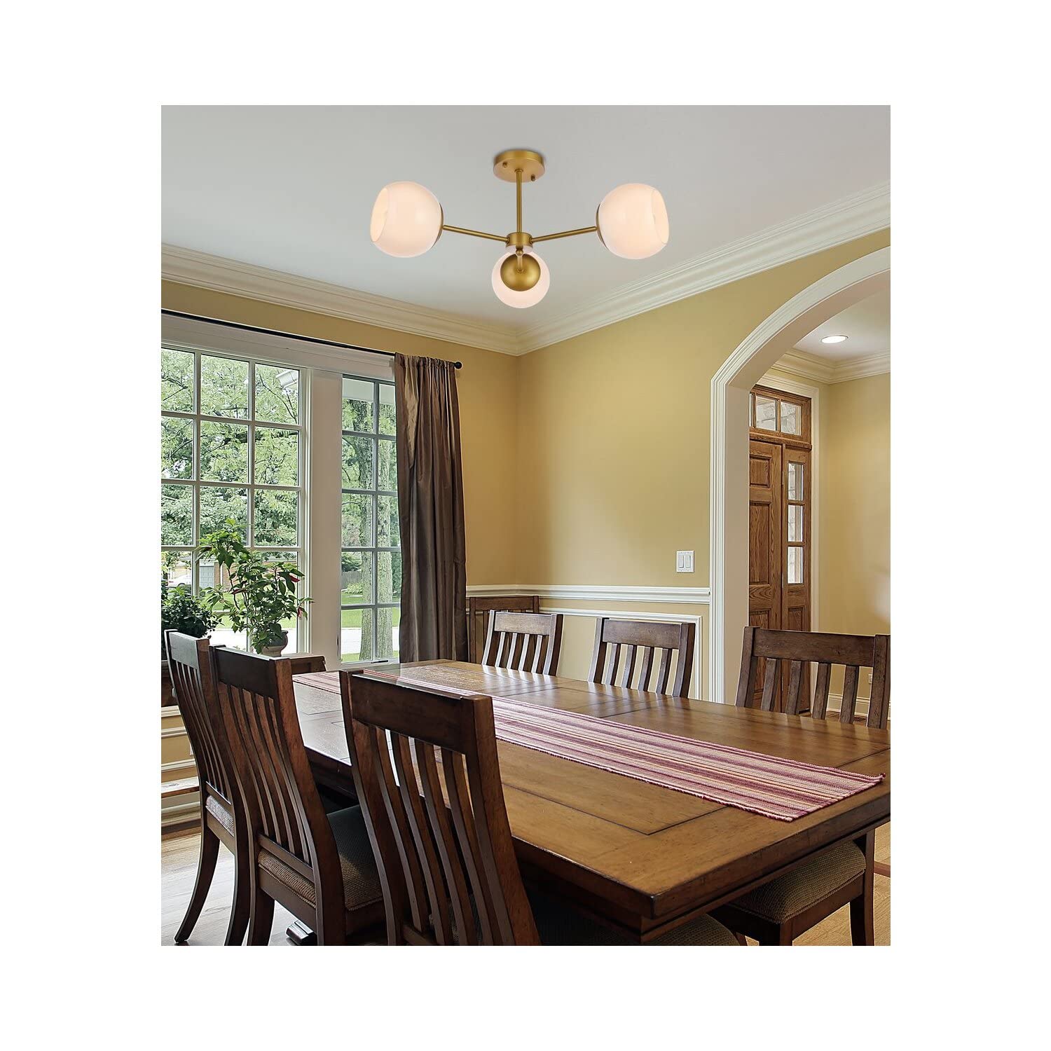 Living District 3-Light Mid-Century Flush Mount, Brass and White, Iron, Model LD649F26BR