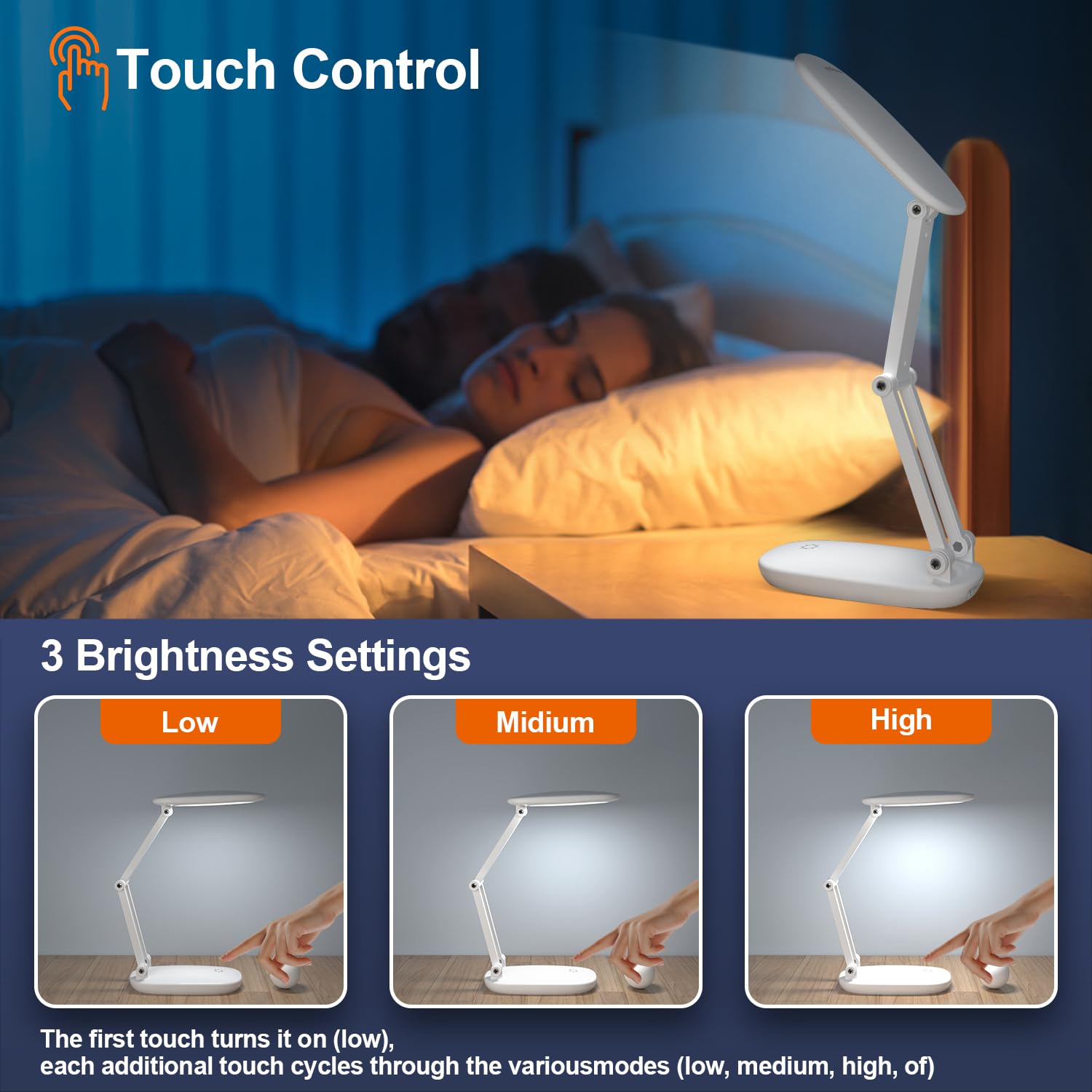 Akejrym Led Desk Lamp For Office Home & Battery Operated Lamp Rechargeable Lamp Foldable & Portable Light, [2-Fold Bracket] 3 Brightness Dimmable Small Desk Lamp Wireless Reading Lamp (White)