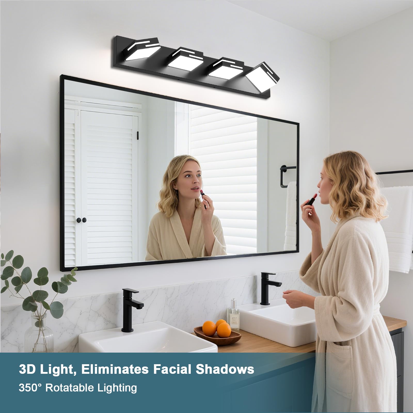 Lkhf Led Modern Bathroom Vanity Light Fixtures 4-Light 28-Inch Dimmable Matte Black Vanity Lights For Bathroom Lighting Fixtures Over Mirror  With 350?Rotatable Acrylic Heads (Cool White 6000K)